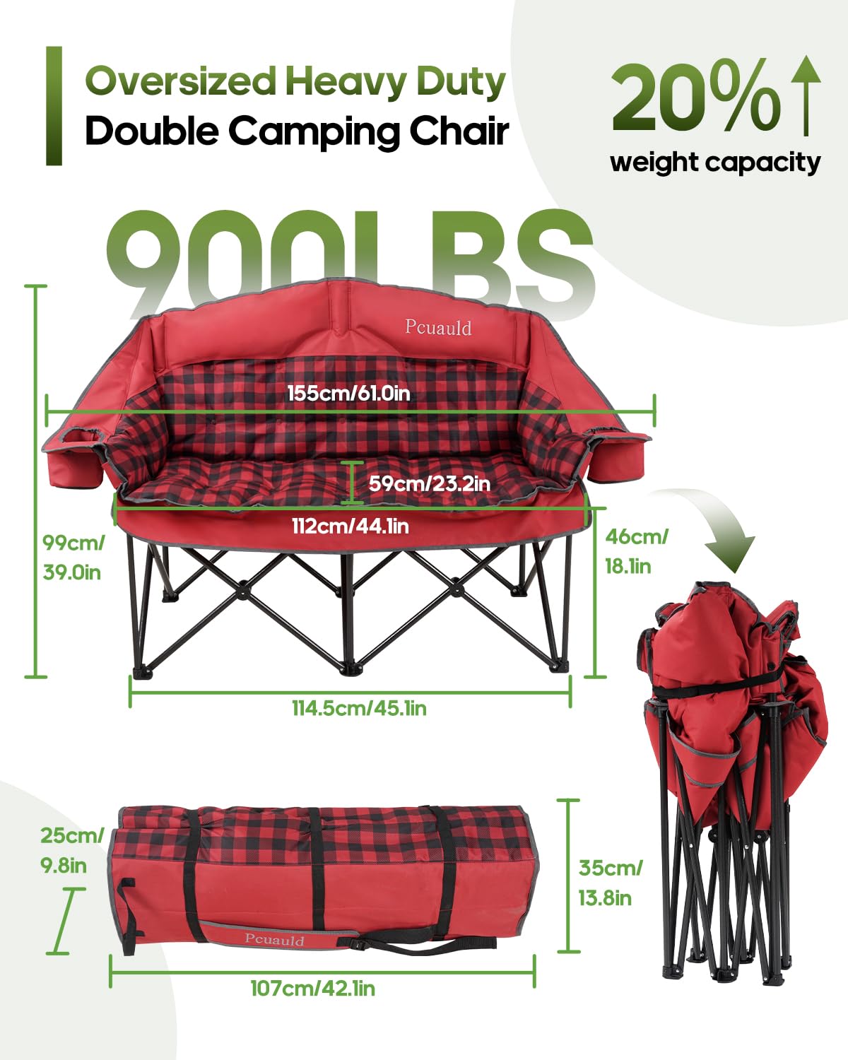 Pcuauld Double Camping Chair Padded Loveseat Camp Couch for Adults, Oversized 2 Person Love Seat with 2 in 1 Carry Bag, Heavy Duty Folding Outdoor Sofa with Cup Holders for Lawn Beach Tailgating, Red