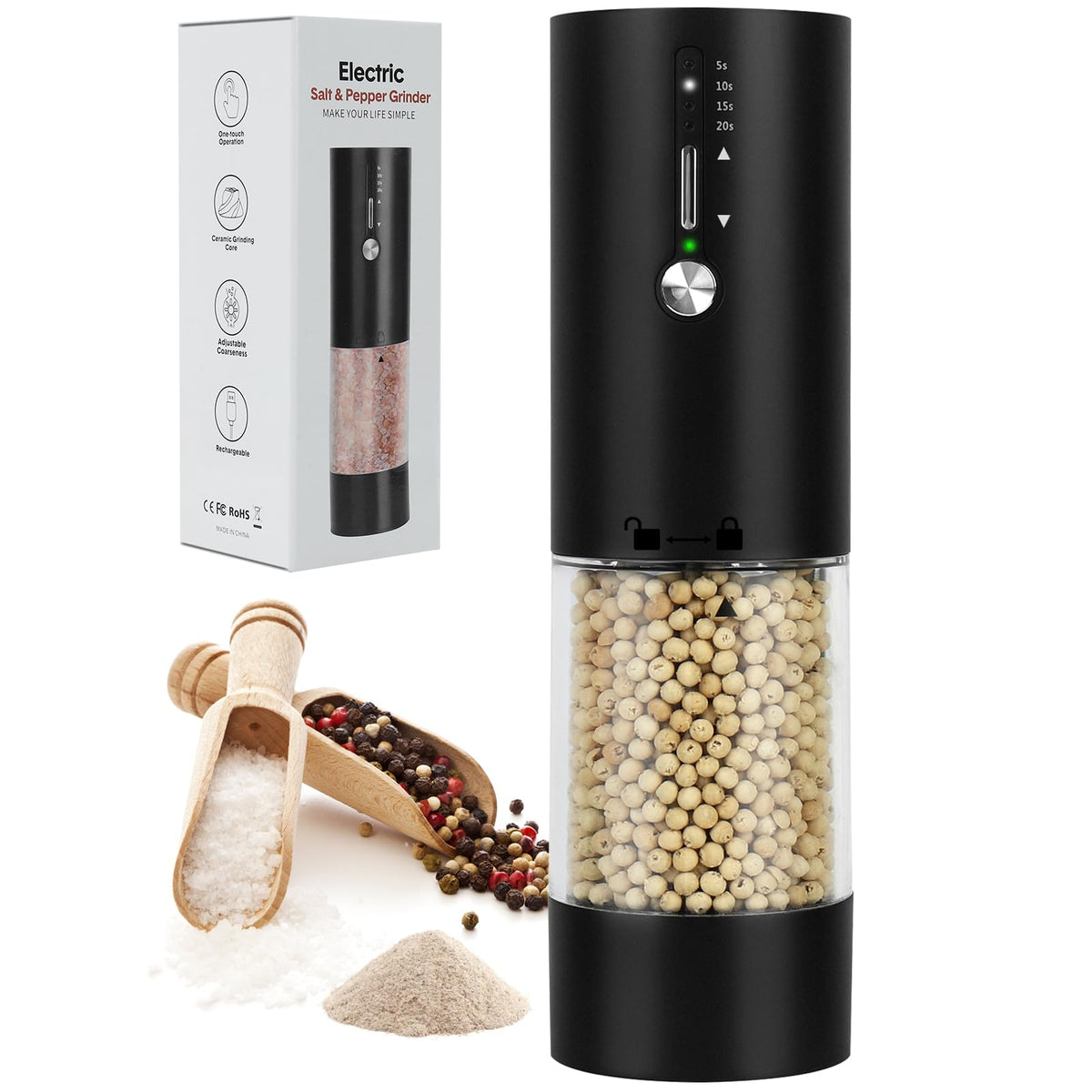 118ml Large Capacity Electric Salt,Pepper and Spice Grinder,USB-C Rechargeable Automatic Mill with 15 Precise Settings, LED Light, Premium Matte Black Kitchen Gadget [Single Pack]