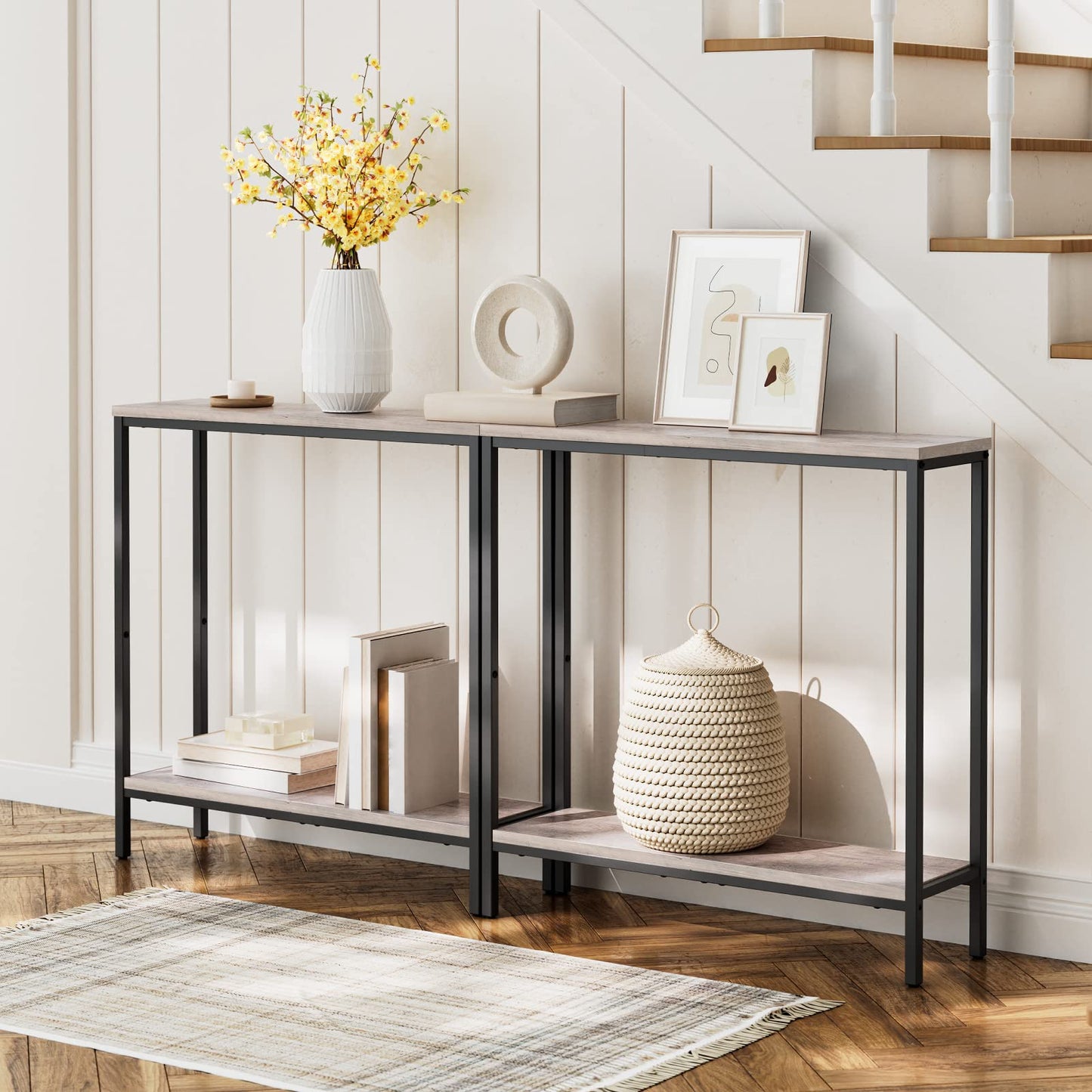 HOOBRO 29.5" L Narrow Console Table, Sofa Table Behind Couch with 2-Tier Storage Display Shelves, 8.7" D Small Entryway Table for Hallway, Foyer, Living Room, Bedroom, Greige and Black BG22XG01