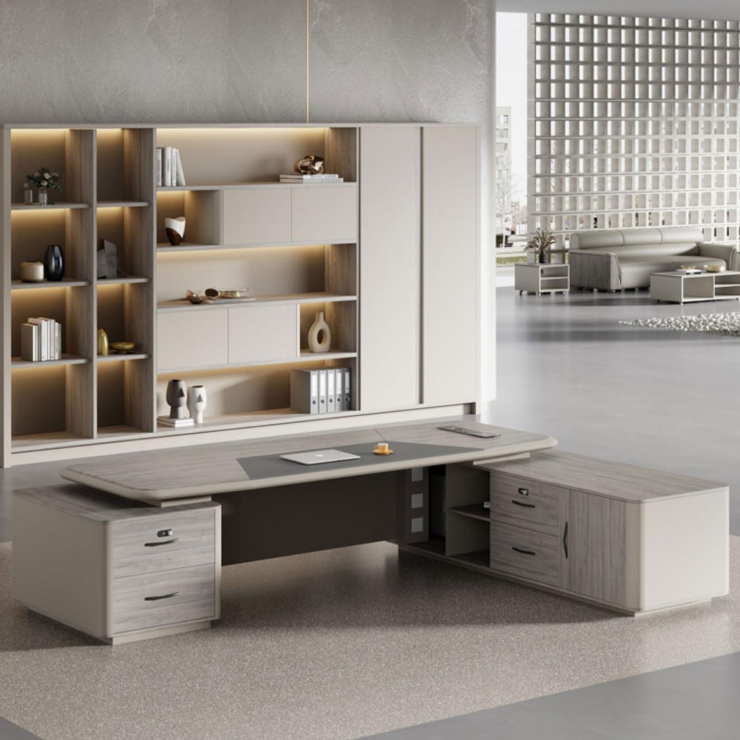 LSIGHTUS Modern Executive Desk with File Drawers, Computer Office Table with Storage Cabinet Wood Office Desk for CEO Boss Manager Business Furniture Office Furniture Workstation for Home Office