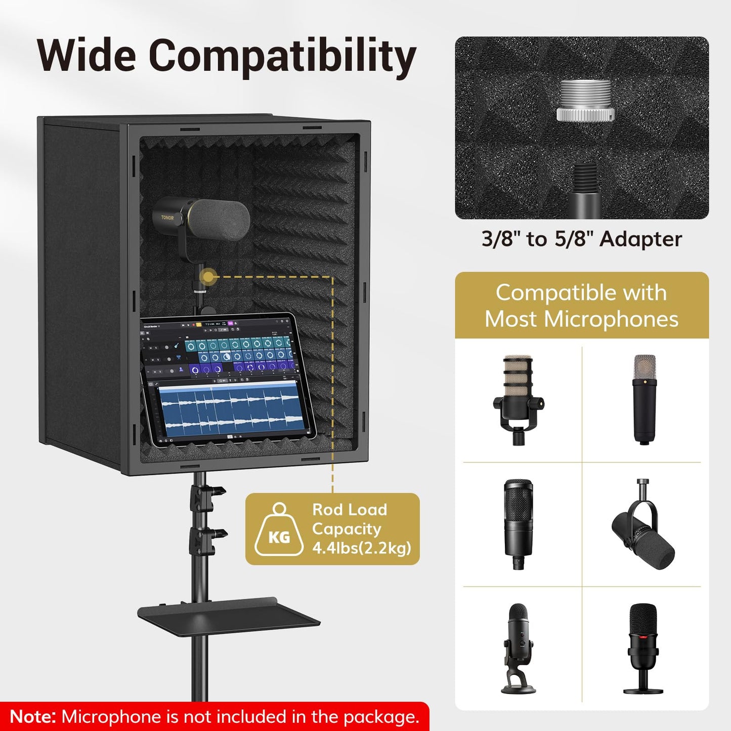 TONOR Microphone Isolation Shield, Professional Mic Shield for Studio with Tripod Stand, Adjustable Height Max 53.1 inch, Sound Proof Box for Singing, Recording Studio Equipment