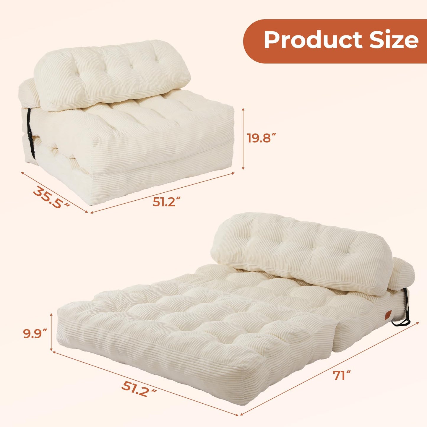 Vellorise Folding Sofa Bed, Convertible Sleeper Chair with Back Support and Pillow Futon, Boneless Matress, for Living Room/Guest Use/Home Office, Foldable Chair Bed for Adults, Beige, Full