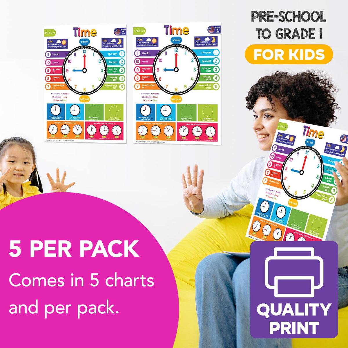 Time Chart for Preschool to Grade 1 Kids – Learn How to Tell the Time – Colorful Educational Visual/Learning Aid Poster for Classroom or Home | Glossy Durable Cardstock | 8.5" x 11" | 5 per Pack