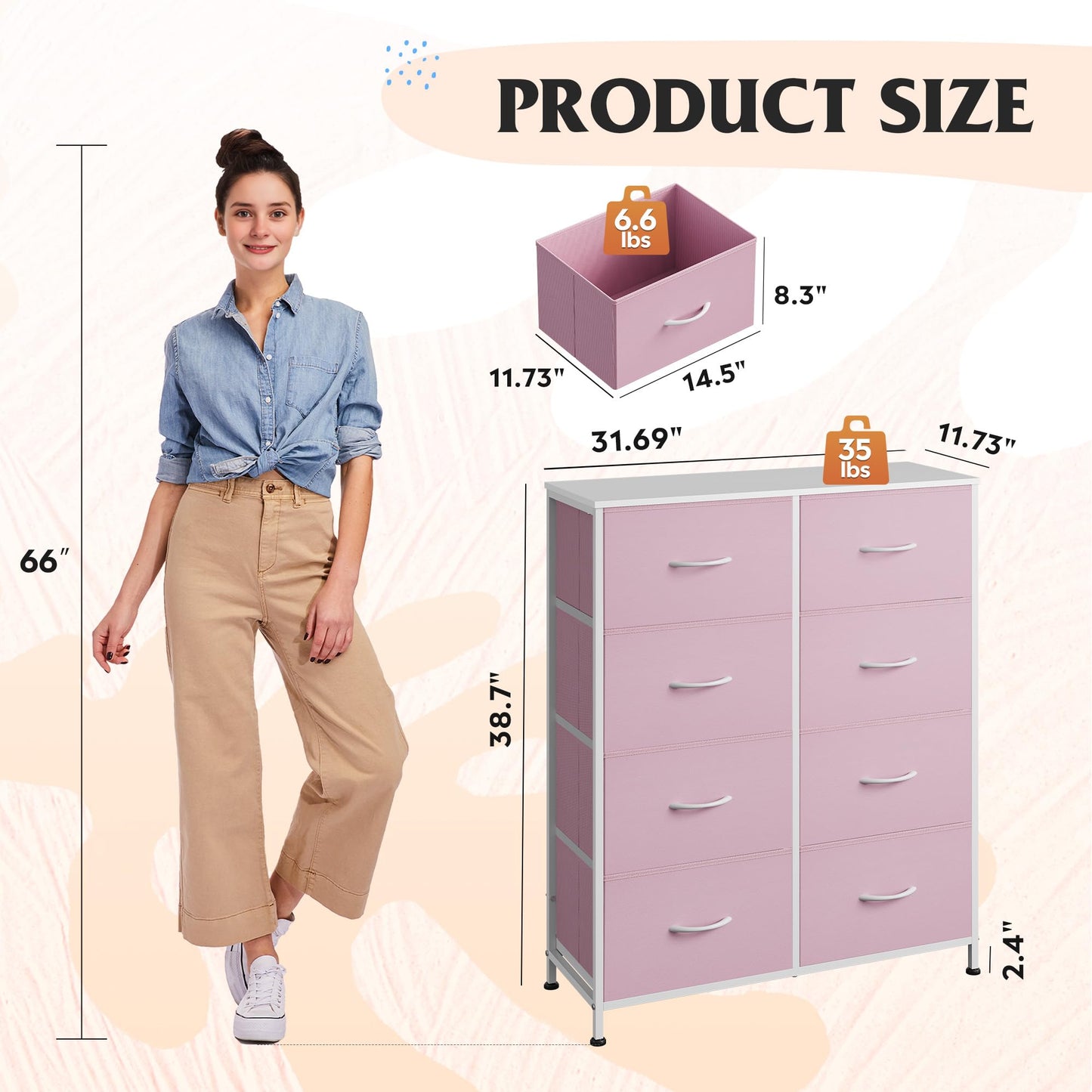 WLIVE Fabric Dresser for Bedroom, Tall Dresser with 8 Drawers, Storage Tower with Fabric Bins, Double Dresser, Chest of Drawers for Closet, Playroom, Dormitory, A-Pink