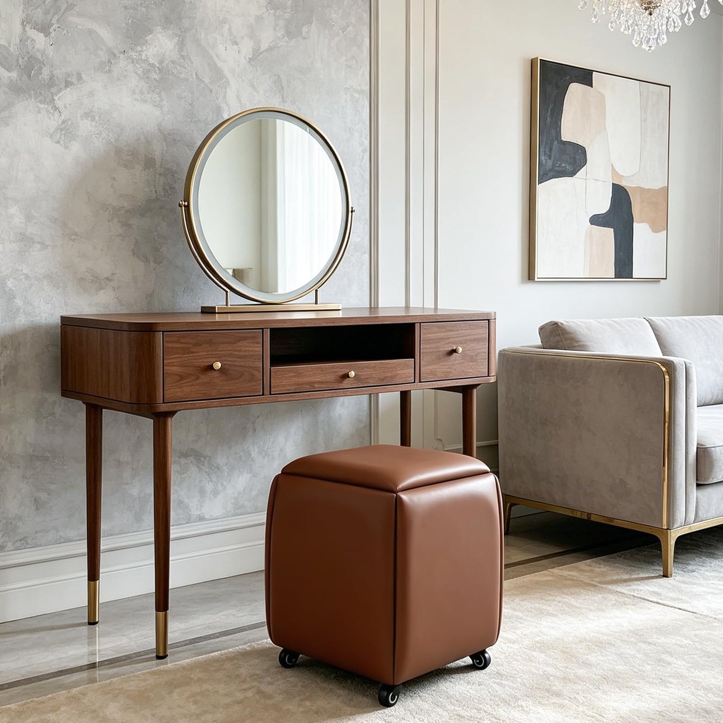 LUGSHIREE 5 in 1 Nesting Ottoman Cube Chair, Stackable Stools, Leather Square Ottoman Bench, Foot Stool with Wheels for Living Room,Dining Room 15.75x15.75x16.54 inches