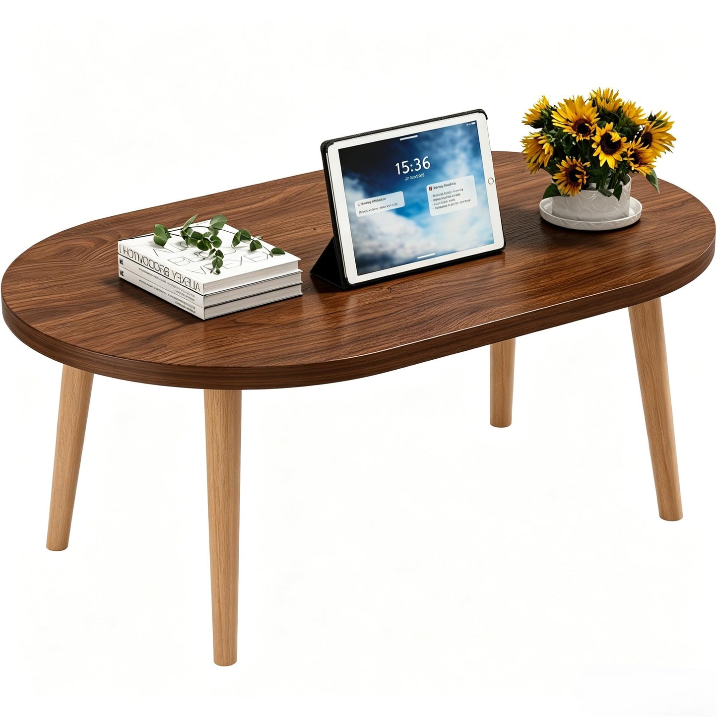 FURMORENE Coffee Table Low Table with Solid Wood Legs, 31.5x19.7 Large Coffee Table Side Table, Floor Table Desk for Sitting on The Floor, Living Room Furniture for Office Apartment Home, Oval Walnut