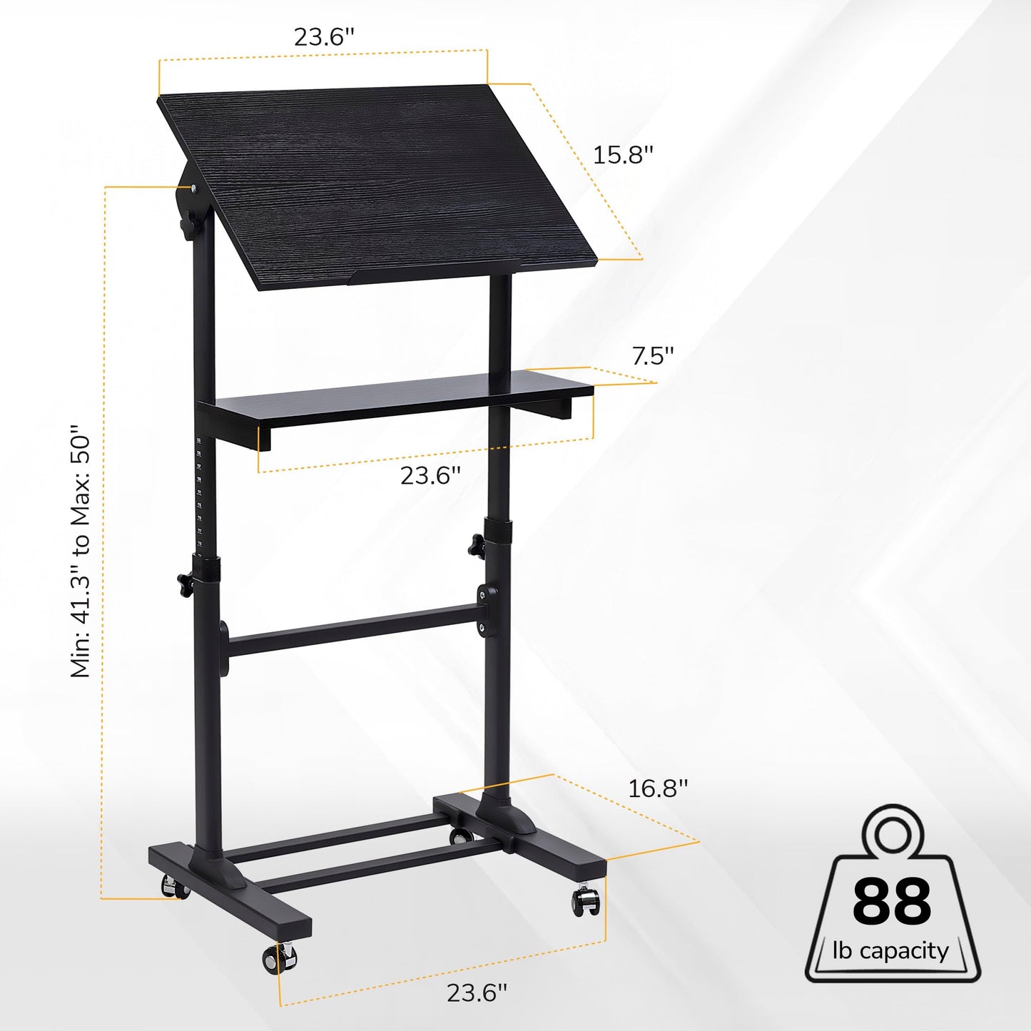 Mount-It! Portable Standing Desk with Wheels, Rolling Mobile Laptop Desk, Height Adjustable Sit Stand Workstation (41.3″–50″), Small Compact Mobile Lectern Podium for Home Office, Classroom & Training