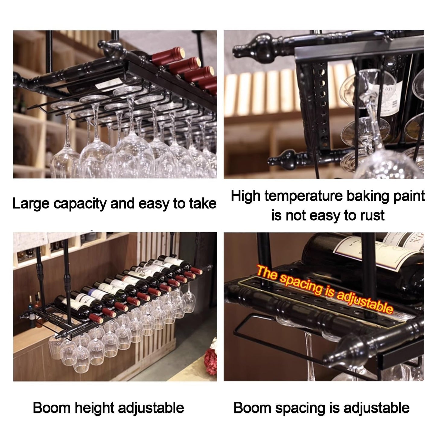 TXGJWRA Ceiling Wine Glass Rack,Hanging Wine Rack with Glass Holder and Shelf,Height Adjustable Metal Ceiling Bar Wine Glass Rack,Liquor Bottle Display Shelf for Bars Cafe Kitch,Black-60x30cm