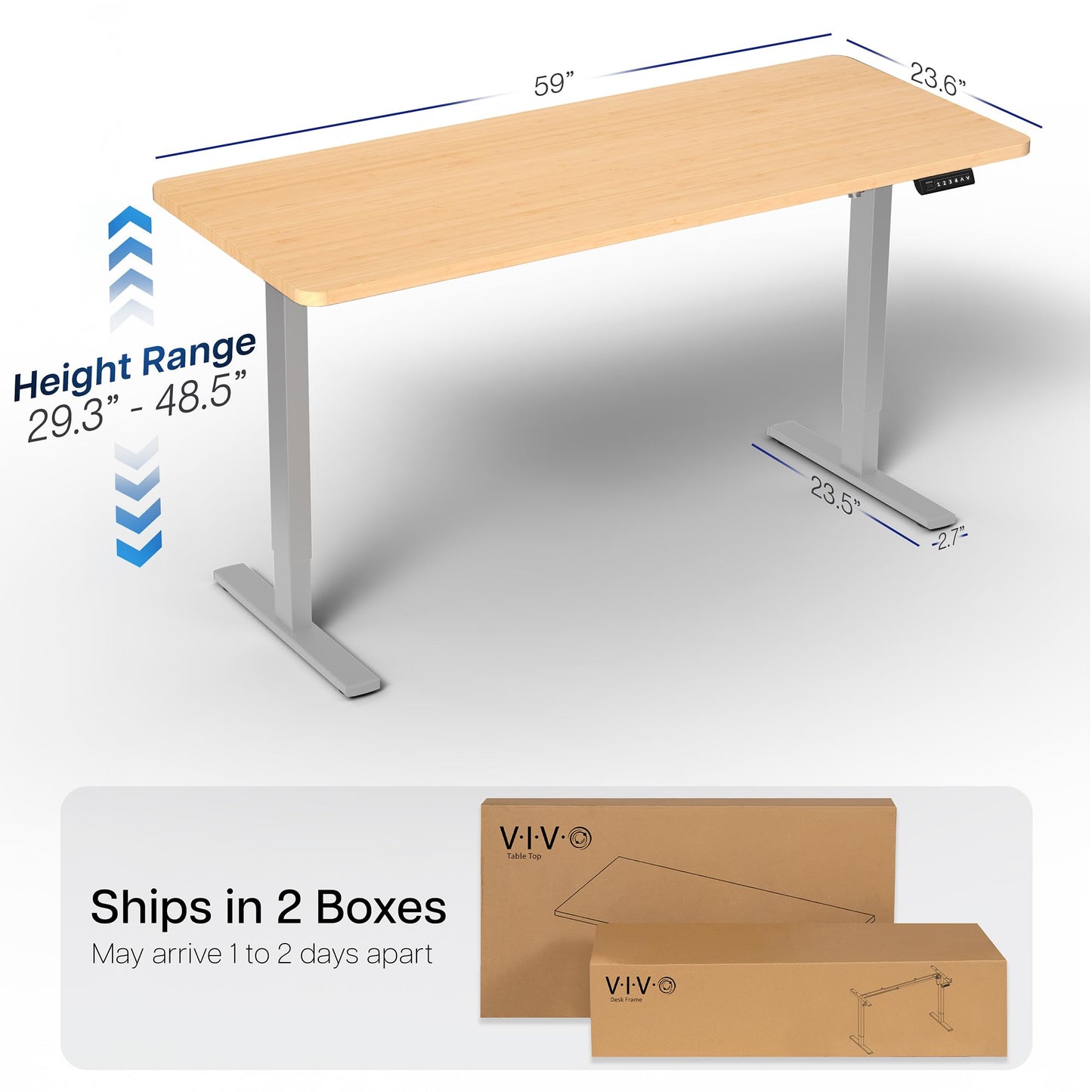 VIVO Electric 60 x 24 in Real Bamboo Standing Desk, Memory Height Adjustment, 1B Series, Holds 220 lbs, One-Piece Top, Gray Frame, DESK-KIT-1G6O
