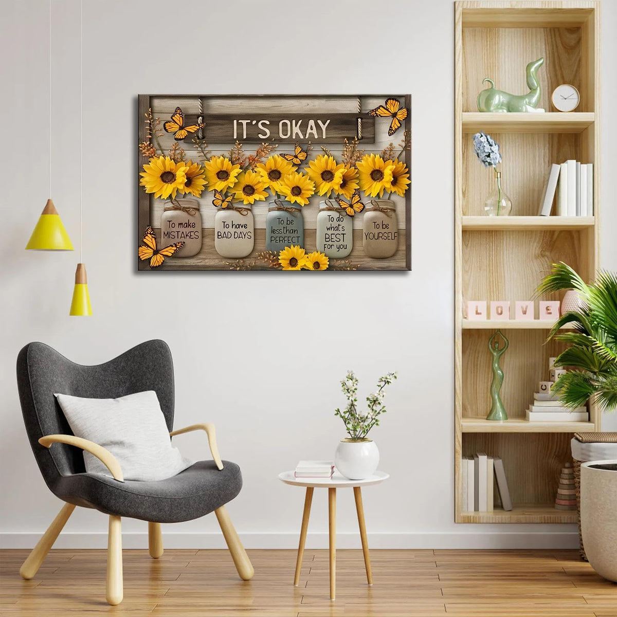 HYFBH Rustic Farmhouse Sunflower Wall Art Framed It's Okay Inspirational Quotes Post Yellow Sunflower Pictures Wall Decor Prints Artwork Canvas for Living Room Kitchen Office Ready to Hang 16x24In