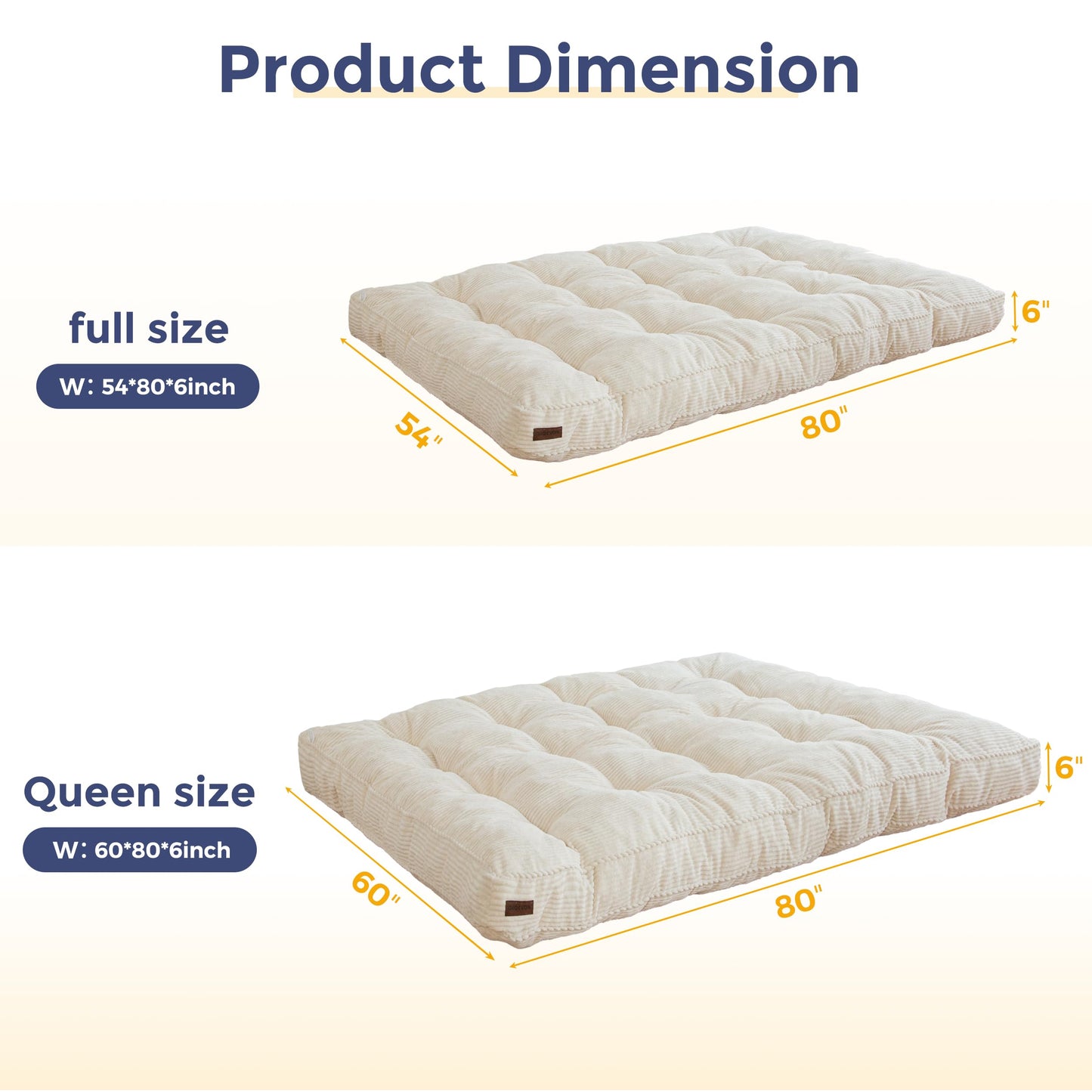 MAXYOYO 6" Futon Mattress Full Size, Tufted Futons Sofa Couch with Twisted Rope Design Edging, Thick Corded Fabric Floor Mattress for Adults, Shredded Foam Filling (Frame Not Included), Beige