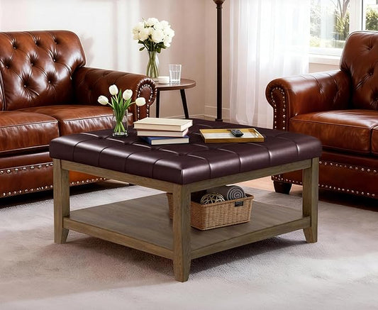 ABHENG 31.5” Large Square Storage Ottoman, Upholstery Solid Rubberwood Coffee