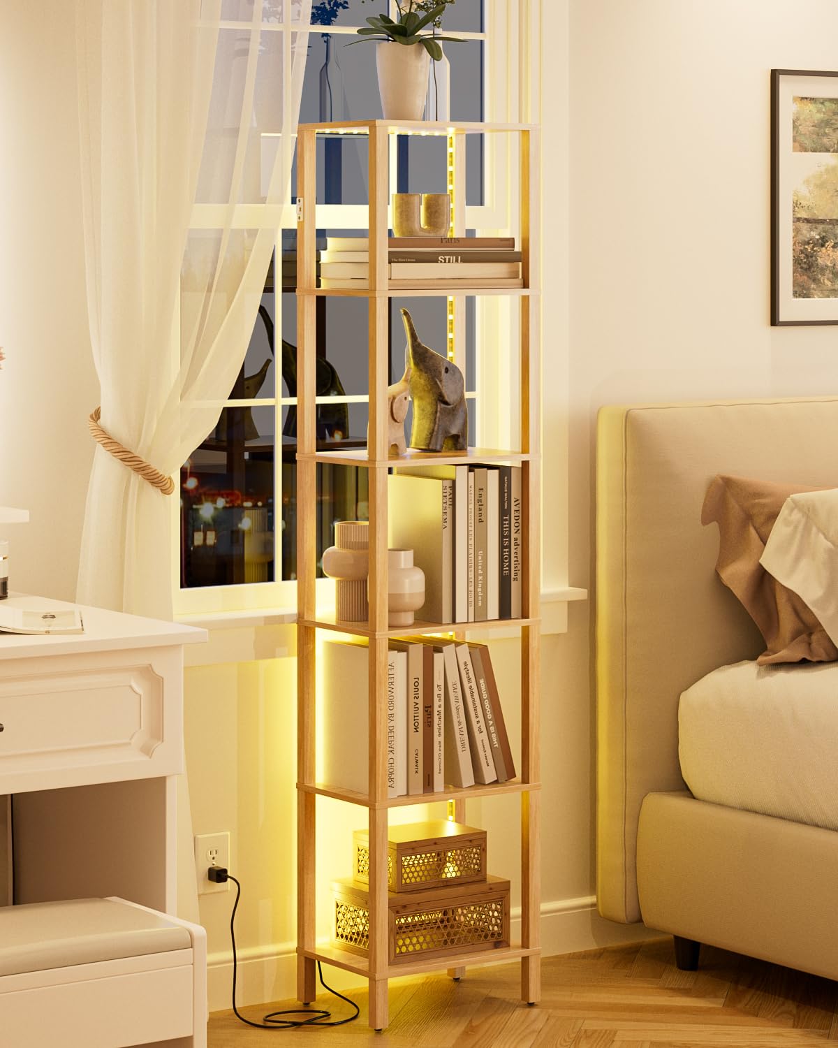 Apetaccat Open Book Shelf with LED Lights, 6 Tier Tall Bookshelf, Freestanding Shelf Narrow Bookcase with Open Shelves, 14.57" x 10.63" x 65.83", Book Shelves for Living Room, Office, Study, Oak