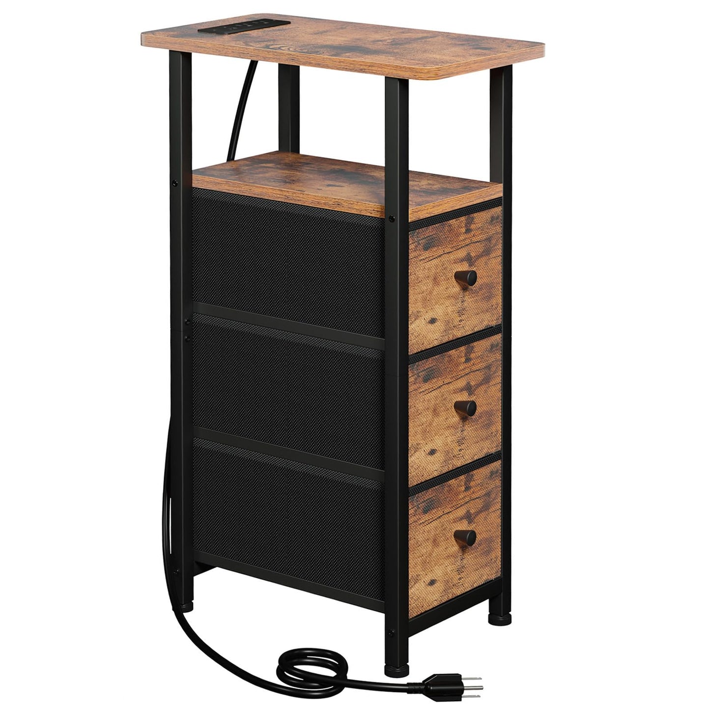 LOAKEKEL Narrow End Table Living Room with Charging Station, Skinny Side Table with Fabric Drawers, Slim Nightstand for Bedroom, Small Spaces, Couch, Brown, HETNDP03BR-1
