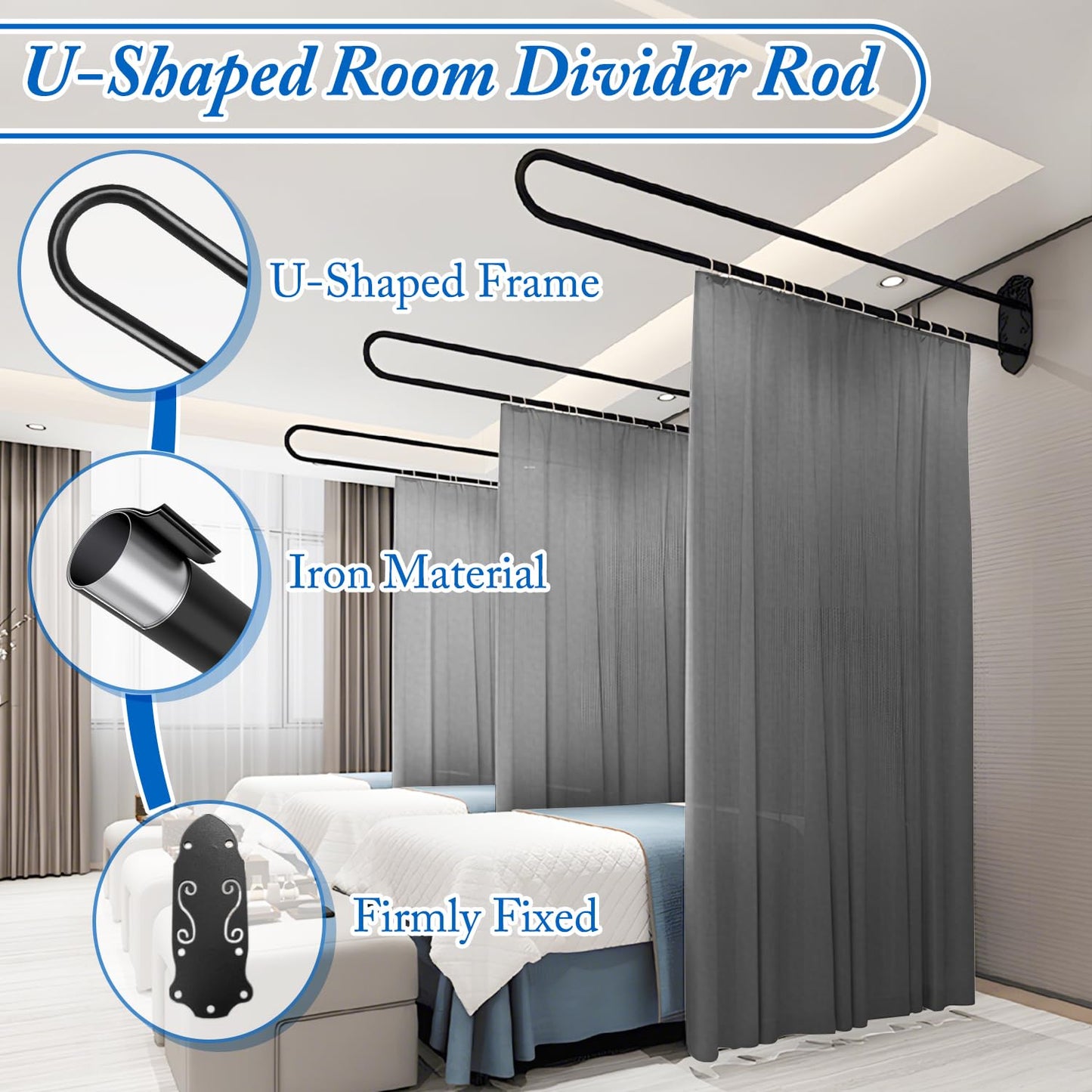 jvsufuik Privacy Partition Curtains, Wall Mounted Privacy Room Divider with Flat Hook U-Shape Hospital Curtains for Fitting Room Beauty Salon Bedroom Hospital(Grey,7.2ft)