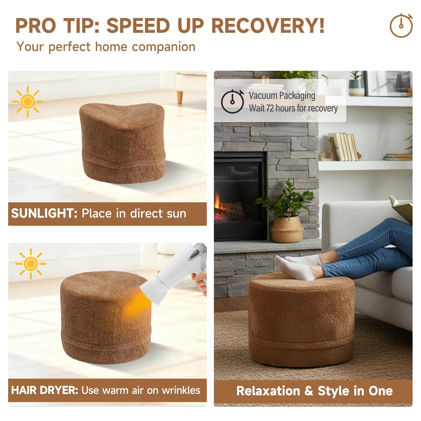 Tiita Pouf Ottoman and Foot Rest, Round Foam Stuffed Floor Pouf with Storag for Living Room, Brown
