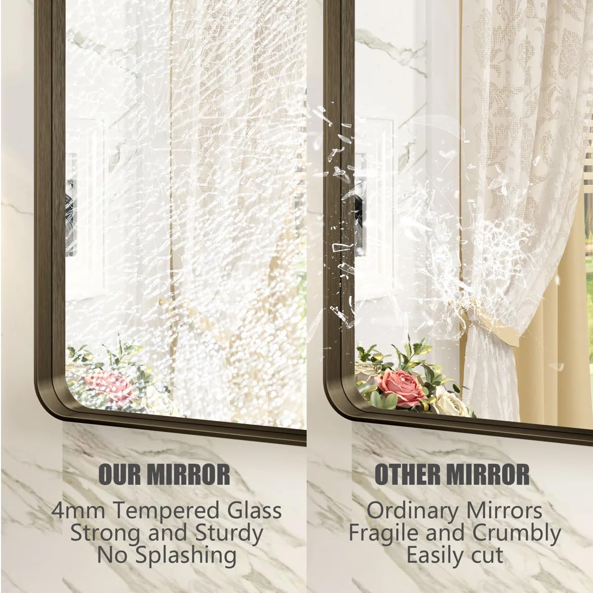 CHARMOR 36x36 Square Bathroom Framed Mirror for Wall, Brushed Bronze Metal Bathroom Vanity Mirror, Rounded Rectangle Mirror, Anti-Rust, Tempered Shatterproof (Horizontal/Vertical)