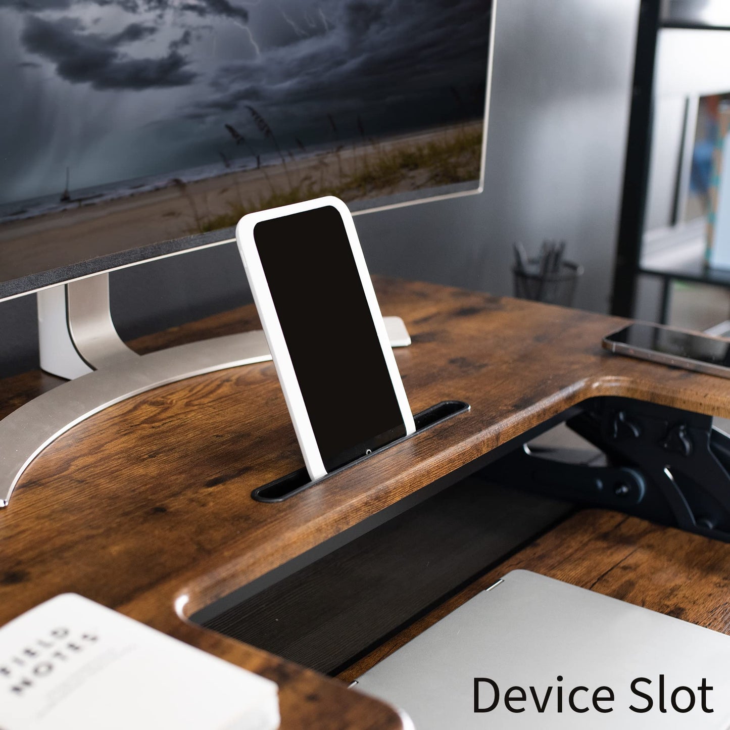VIVO 42 inch Height Adjustable Stand Up Desk Converter, V Series, Quick Sit to Stand Tabletop Dual Monitor Riser Workstation, Rustic Vintage Brown Top, Black Frame, DESK-V000VLN