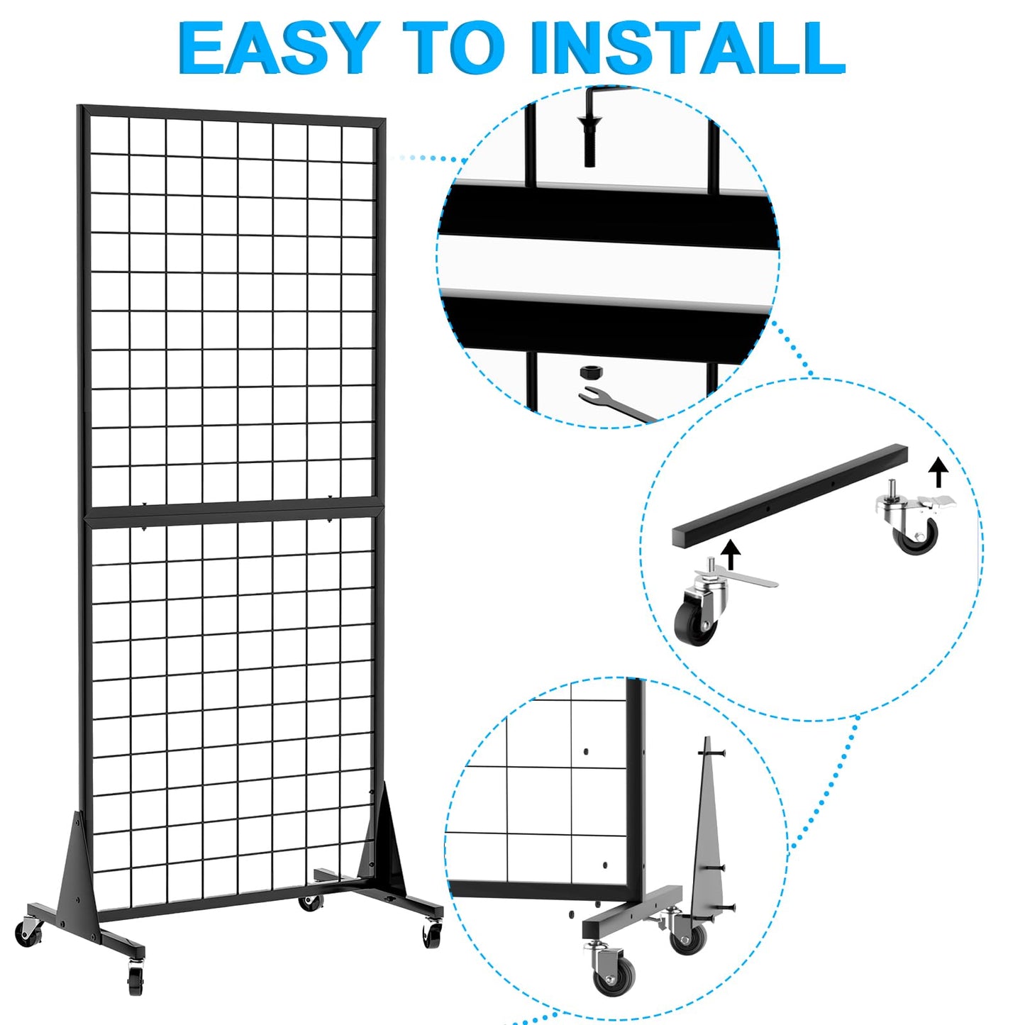 QKOSMTL 4-Pack Gridwall Panel Display Stand, 2'x5.5' Heavy Duty Floor Standing Rack with Detachable Girdwall, Movable Silent Wheel, Easy to Transport, Ideal for Retail & Craft Fairs
