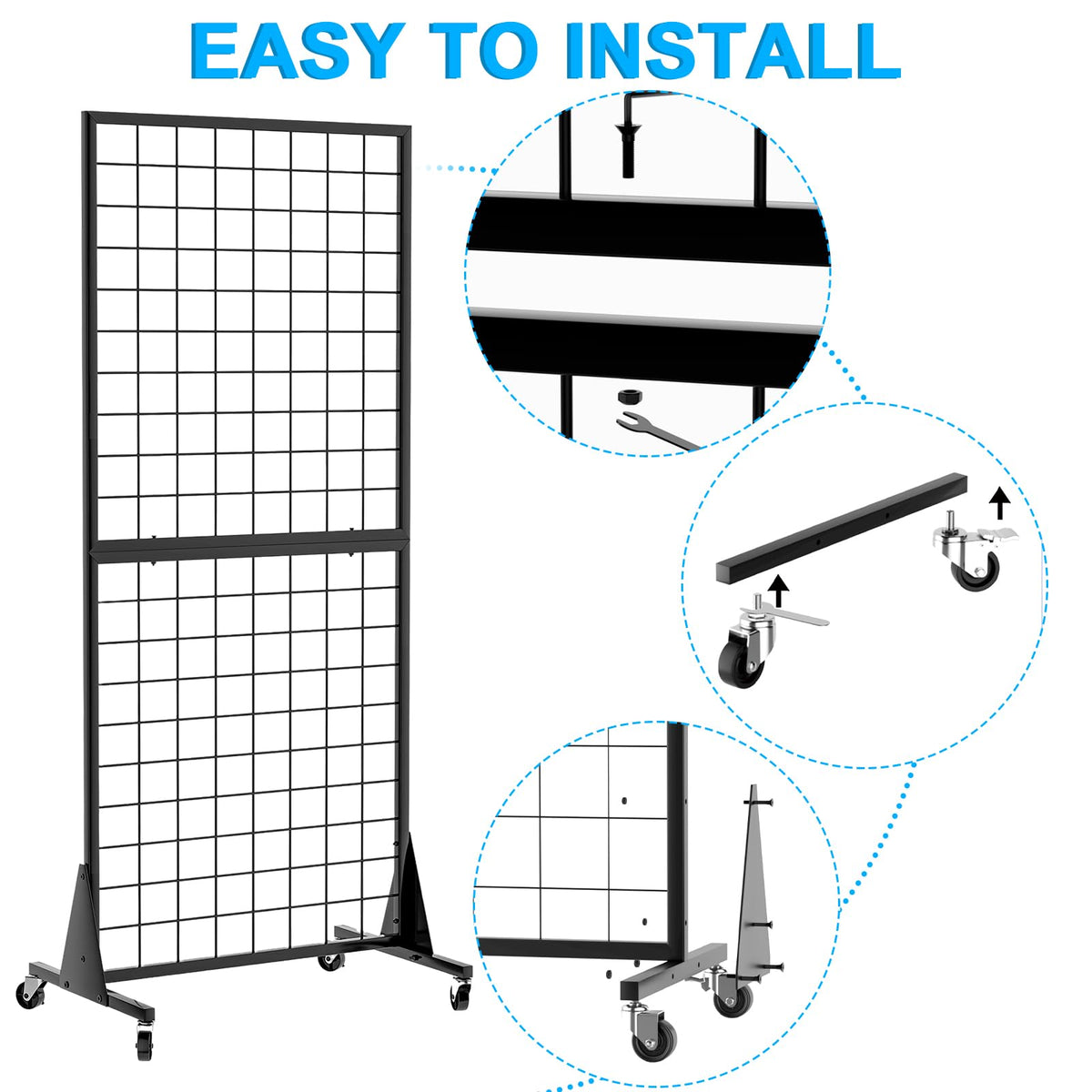 QKOSMTL 2-Pack Gridwall Panel Display Stand, 2'x5.5' Heavy Duty Floor Standing Rack with Detachable Girdwall, Movable Silent Wheel, Easy to Transport, Ideal for Retail & Craft Fairs