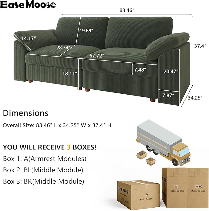 EASE MOOSE Comfty 2 Seat Couch, FSC Certified Modern Deep Seat Sectional Modular