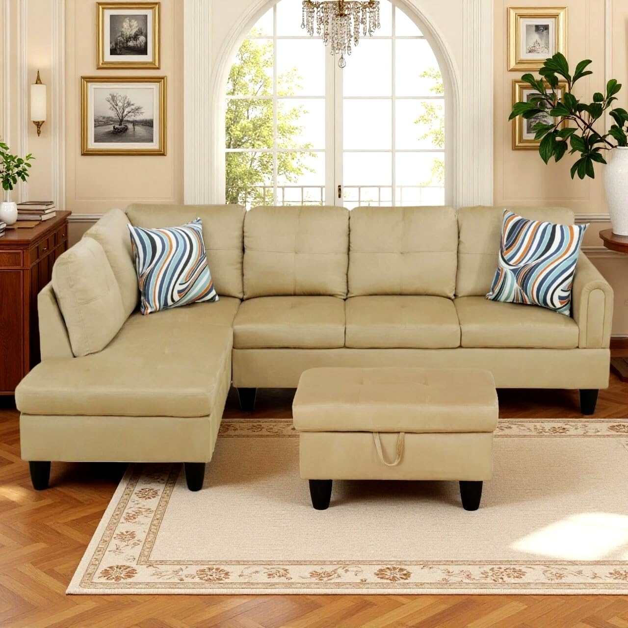 Trygoal 97" L Shaped Couch Sectional Couches with Chaise and Storage Ottoman, 3 Pieces Modular Convertible Sofa for Living Room Furniture Sets and Small Apartment, Beige