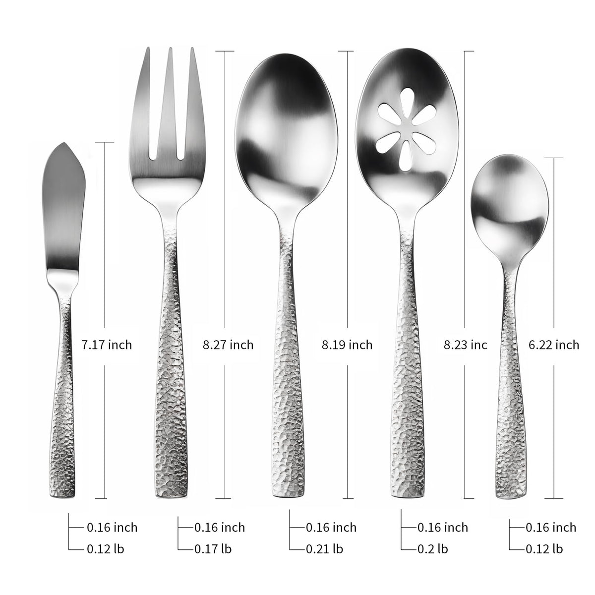 Kelenfer Stainless Steel Silverware Serving Set Hammered Silver Matte Finished 5 Piece Serving Utensil Set Flatware Set