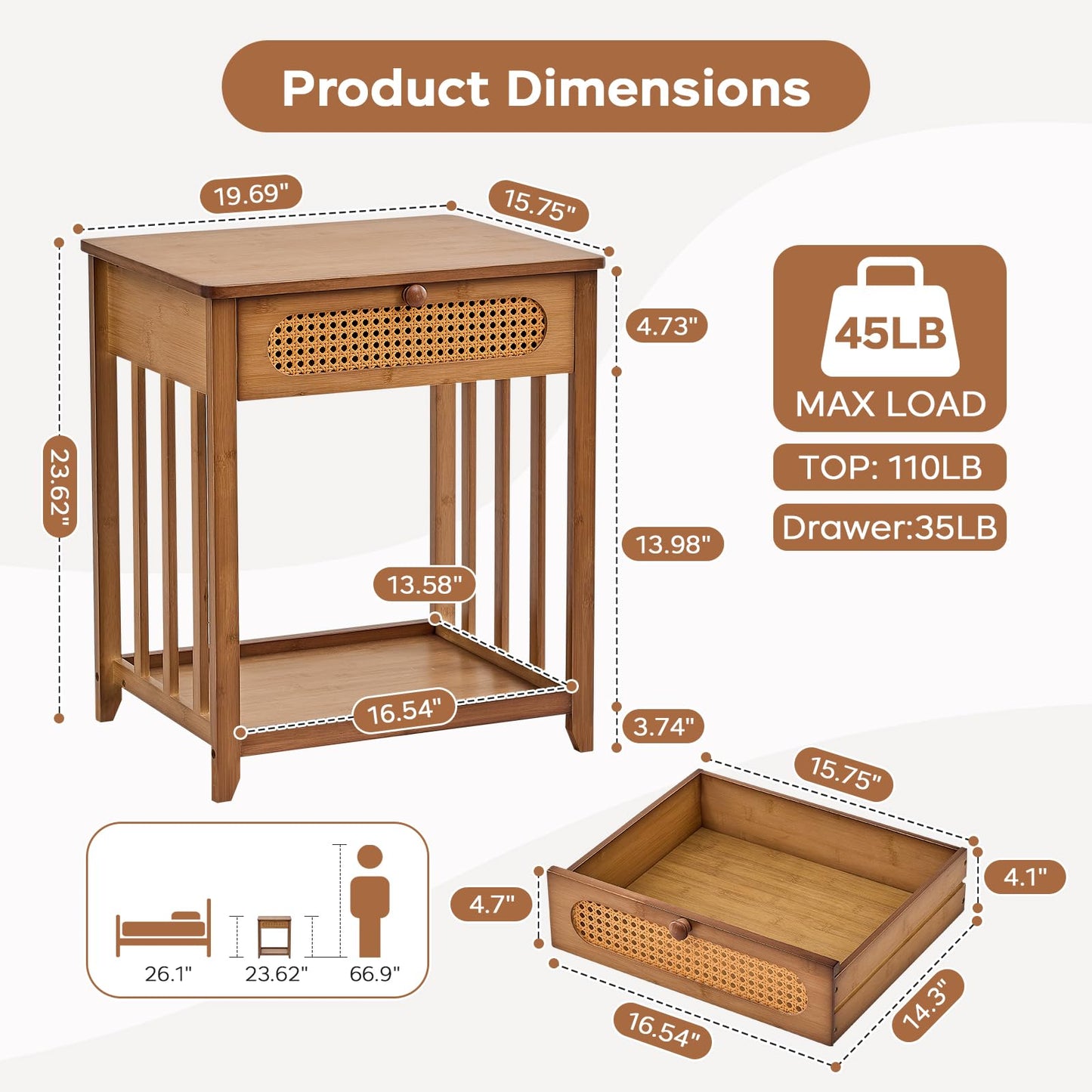 oakvivo Night Stands Set of 2, Rattan Nightstands Bedside Table, 19.7" Wide Bamboo End Bed Tables with Drawer & Open Storage Shelf, Farmhouse Side Tables for Bedroom, Sofa, Small Space, Walnut