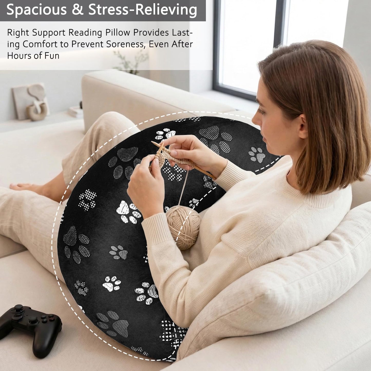 Crafting Pillow for Crocheting, Crochet Pillow for Lap Support, Fun Print Styles, Ergonomic Arm Support, For Bed, Floor, Chair Comfort, Pain Relief and Fatigue for Gaming and Woking (Black Cat Paws)