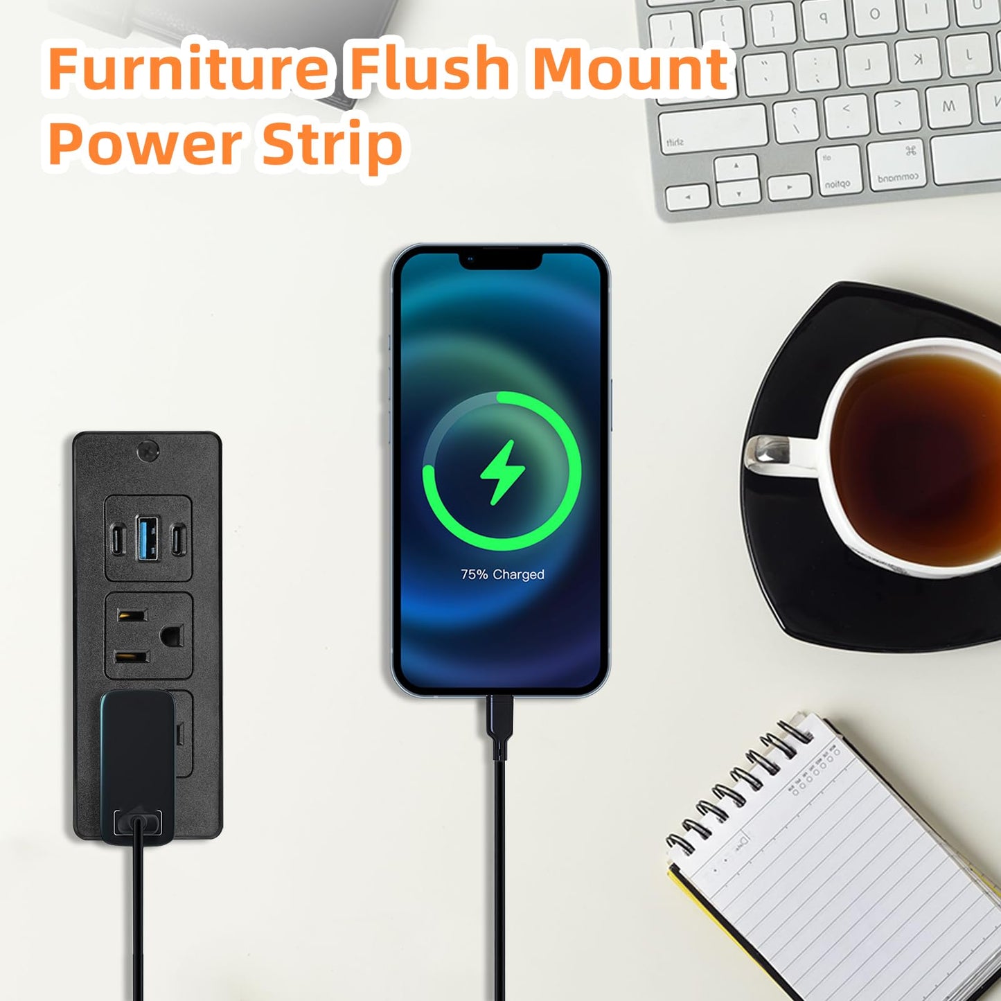 Havorbit Recessed Power Strip USB, 20W Fast Charging Furniture Outlet - 2 AC & 3 USB (2 USB-C + 1 USB-A) for Desk, Bedside, Drawer, Conference Table - Space-Saving, Easy Install, 6FT Cord, Black