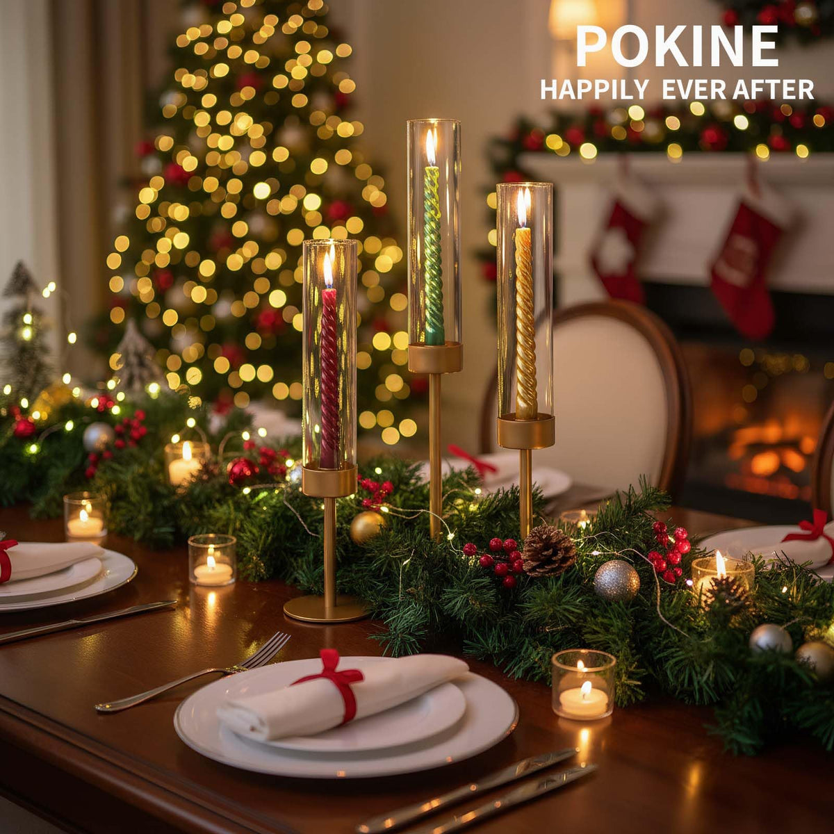 POKINE Set of 6 Gold Candle Holders, Tall Hurricane Candlestick Holders with Glass for Taper and Pillar Candles, Home Decor for Wedding, Christmas, Party, Anniversary, Dining Table