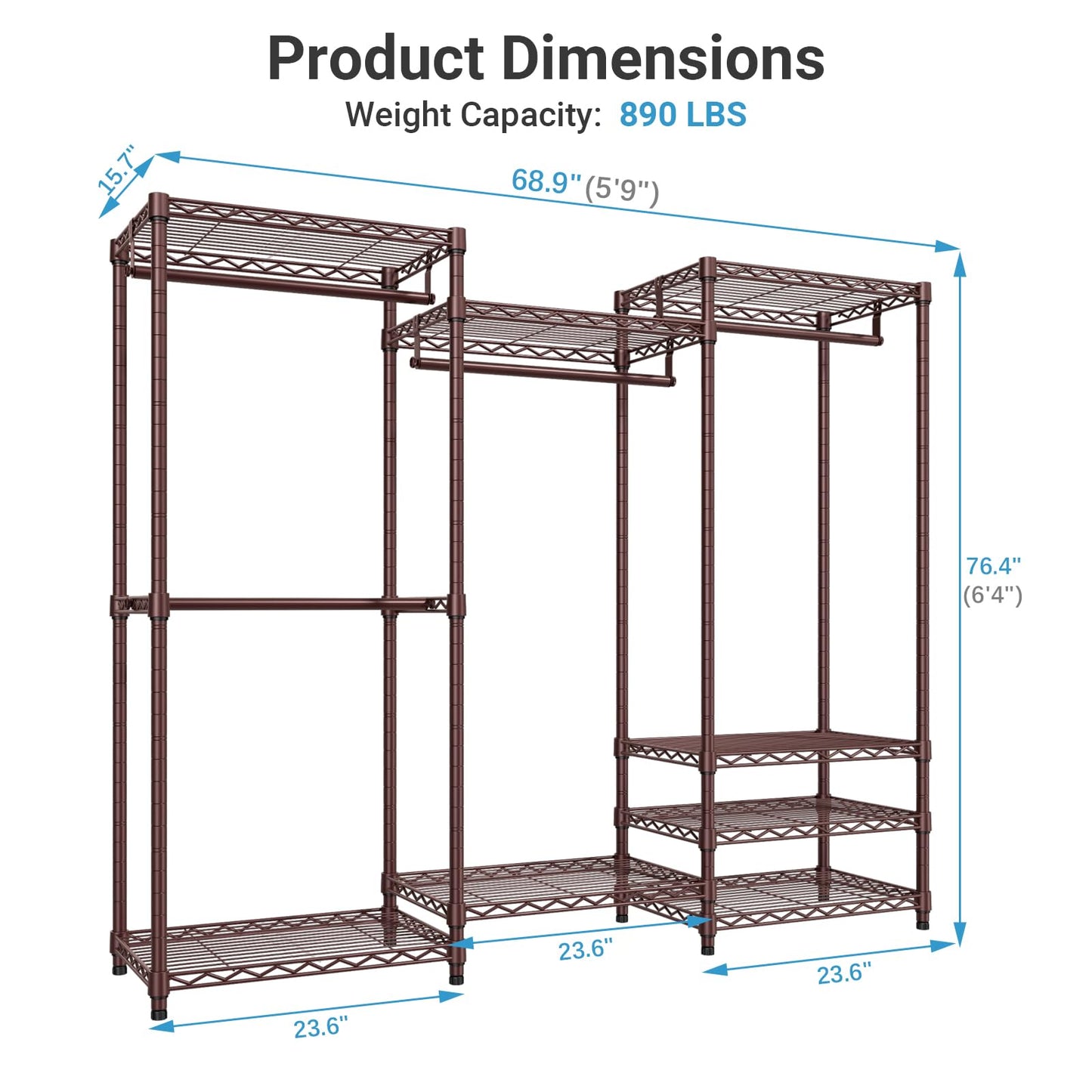 VIPEK V5 Portable Closet Wardrobe Heavy Duty Clothes Rack Metal Freestanding Clothing Racks, Adjustable Custom Closet Racks with 4 Hanging Rods & 8 Shelves, 68.9" Lx15.7 Wx76.4 H, Bronze