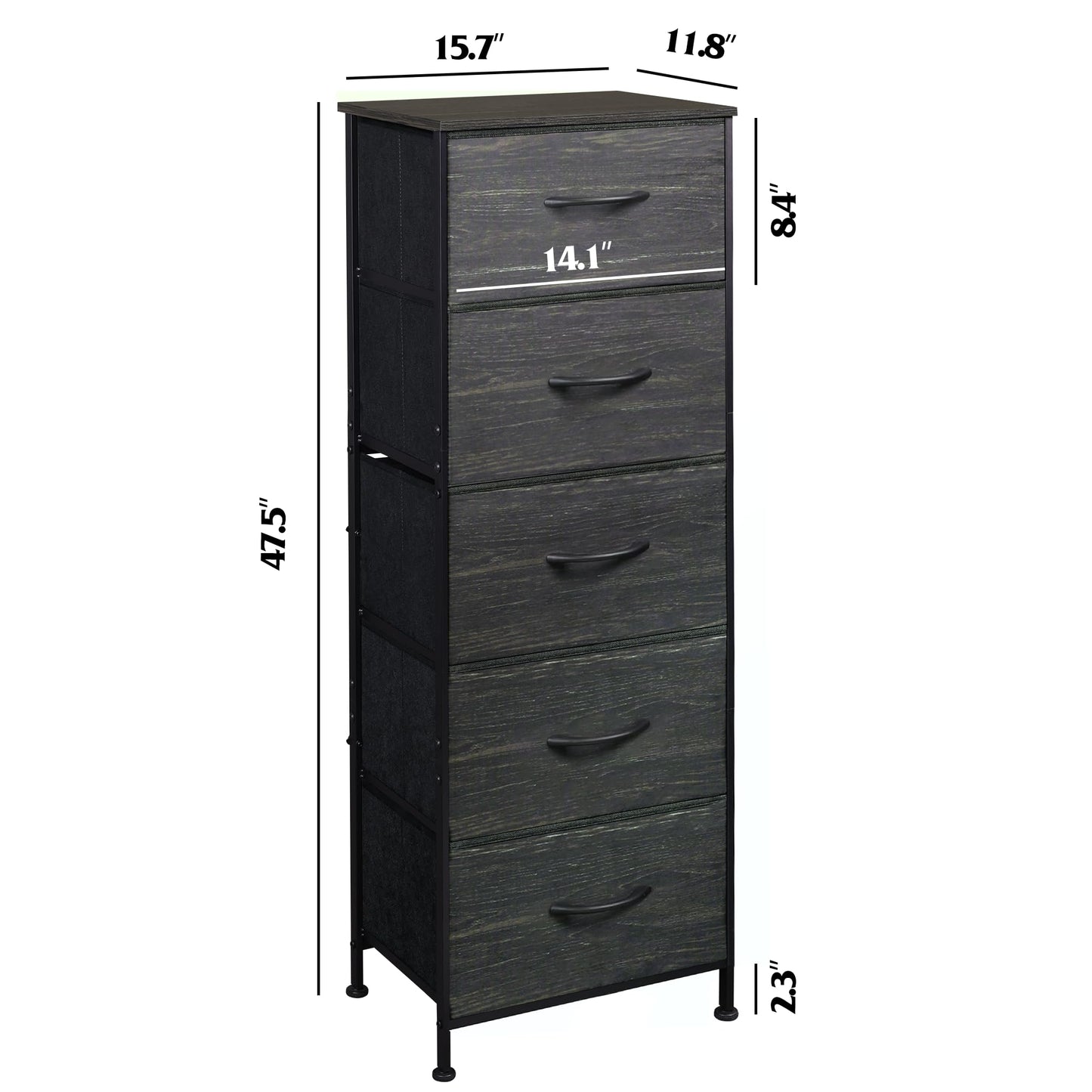 WLIVE Fabric Dresser, 5-Drawer Tall Dressers for Bedroom, Storage Dresser Organizer with Wood Top, Sturdy Steel Frame, Chest of Drawers for Closet, Hallway, Charcoal Black Wood Grain Print
