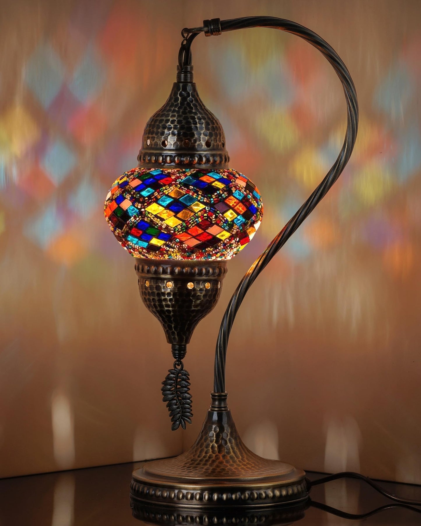 DEMMEX Turkish Moroccan Table Lamp, Swan Neck Tiffany Style Mosaic Glass Table Desk Bedside Lamp for Bedroom, Living Room – Handcrafted in Turkey, Multicolor