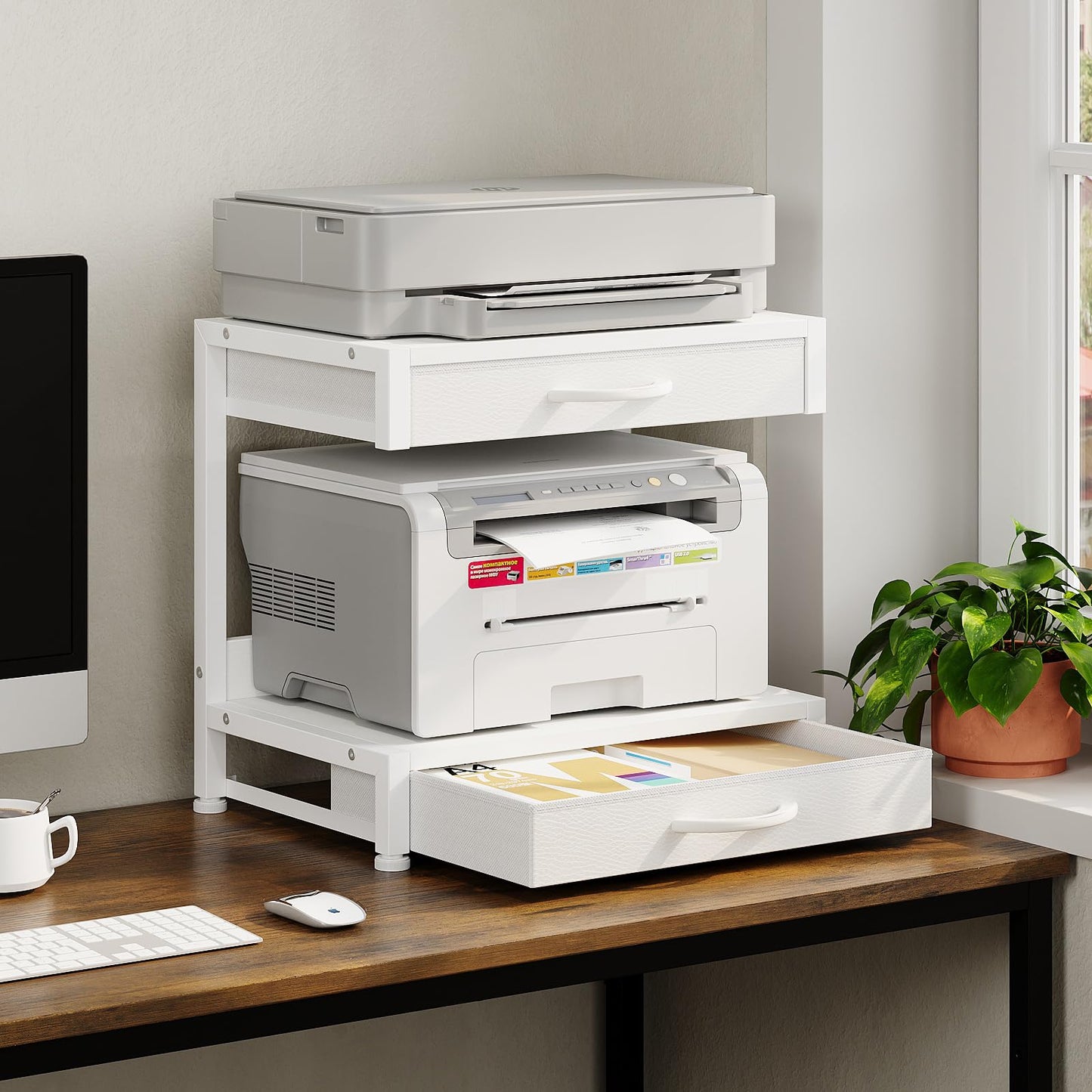 VENNQD 2-Tier Desktop Printer Stand with 2 Fabric Drawers, Prtiner Table with Storage Shelf, Desk Organizer for Home Office,3D Printer,Fax Machine,Scanner (White, 2 Tier)