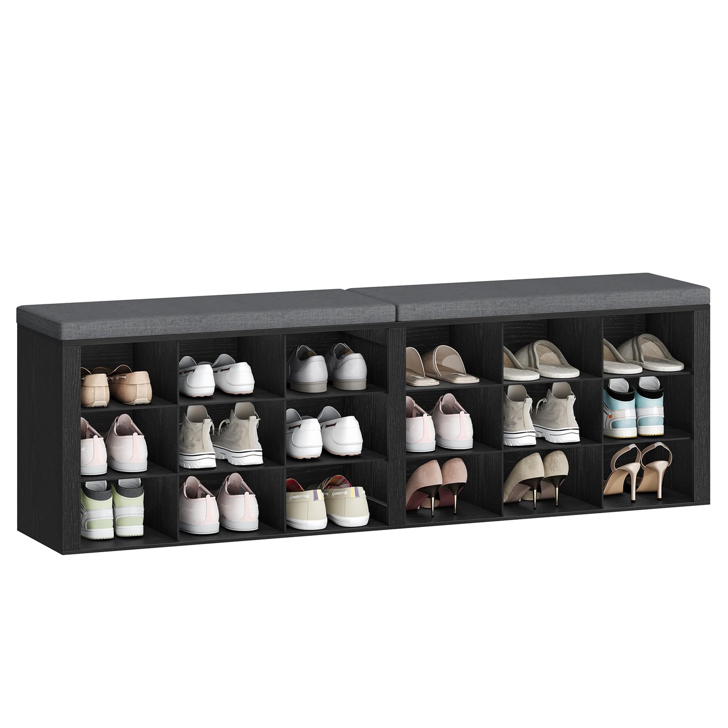 Hzuaneri Shoe Storage Bench with Cushion, Entryway Storage Bench with 18 Cubbies, 9.5" Widened Organizer Cabinet, Long Cubby Rack for Living Room, Bedroom, Entryway, Black SB25704GY