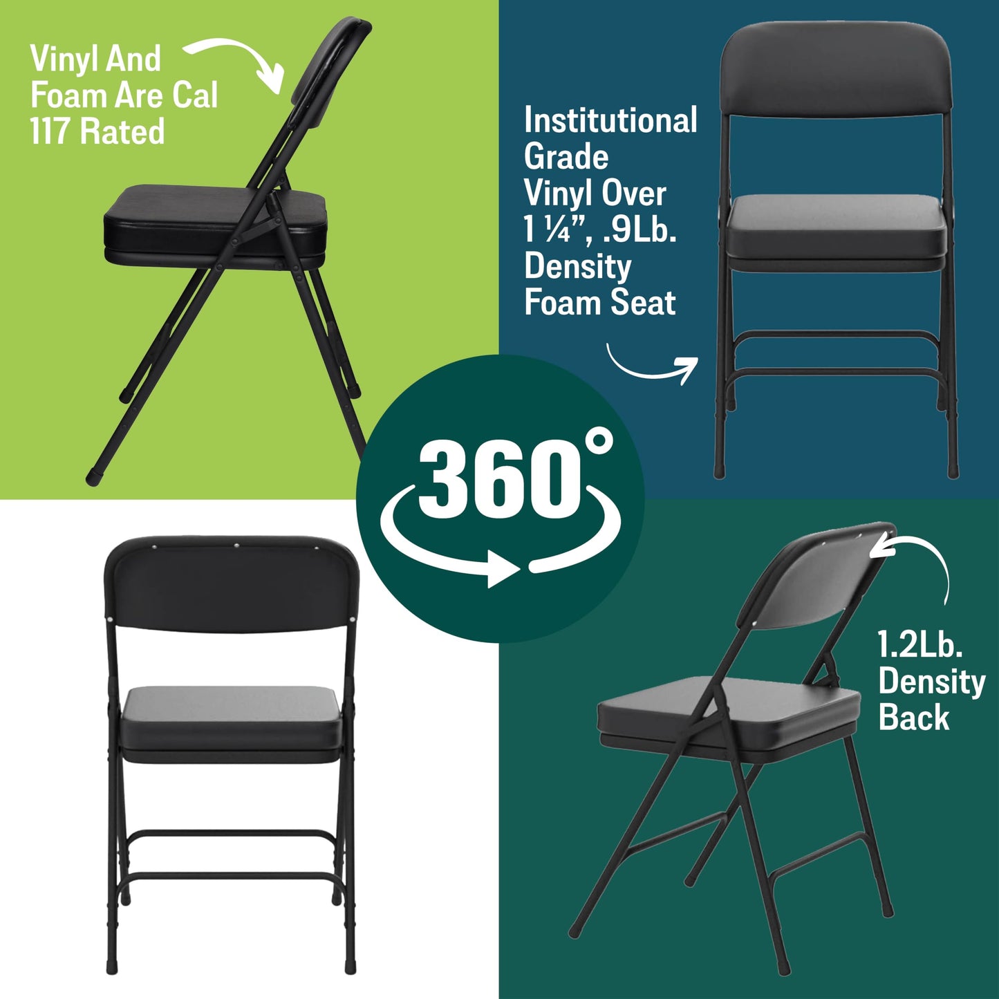 Premium Cushioned Portable Folding Chairs by National Public Seating – 3200 Series Upholstered, Heavy-Duty Foldable Chairs for Indoor & Outdoor Use – Set of 2, Comfortable & Durable, Black