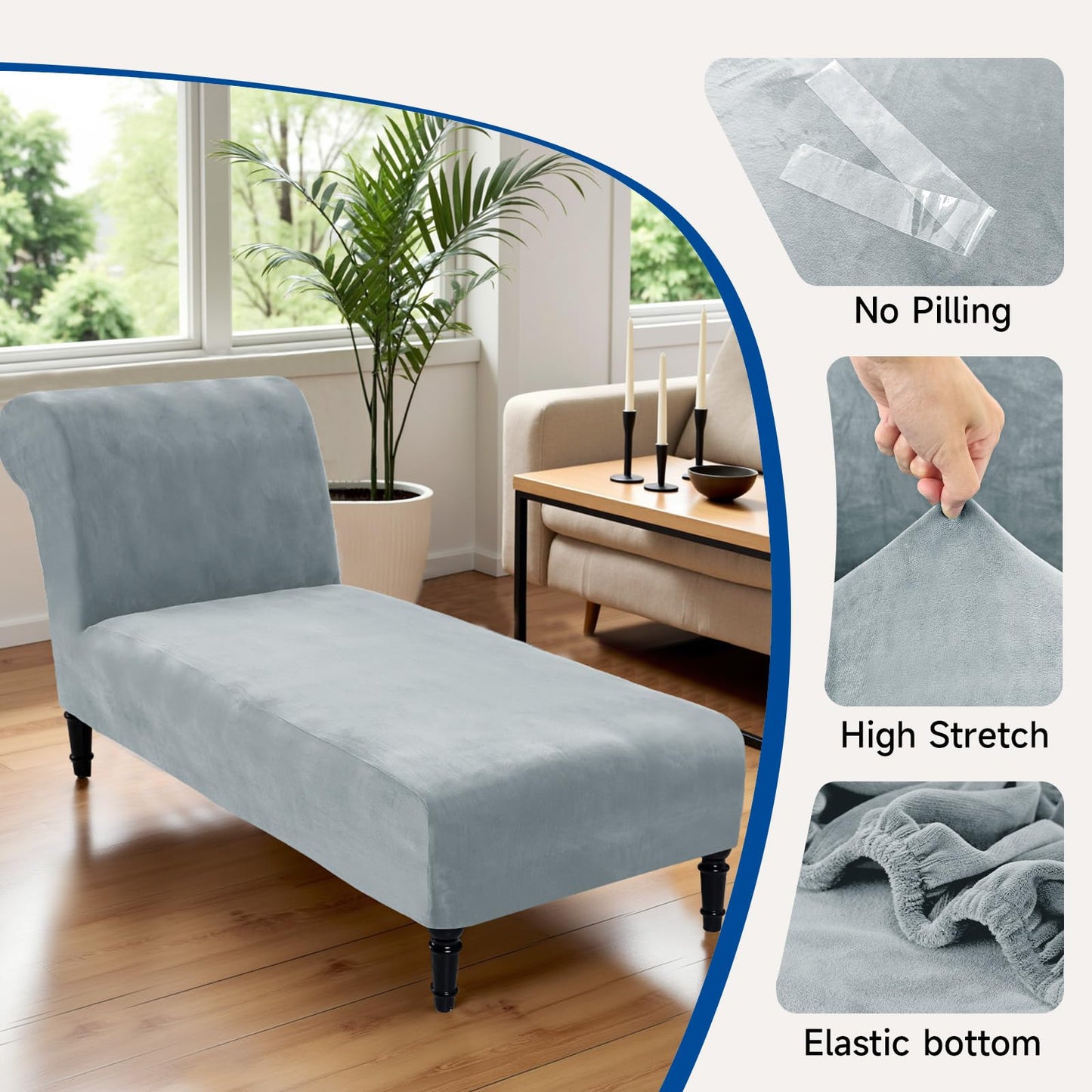 Velvet Chaise Lounge Cover Indoor Armless Chaise Slipcover Luxury High Stretch Ultra Soft Lounge Chair Covers Modern Machine Washable Chair Cover for Living Room Bedroom Furniture, Light Grey