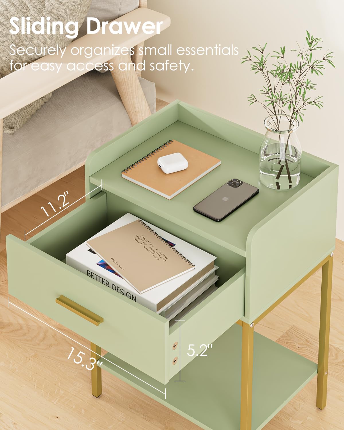 Apetaccat Nightstand,Modern Bedside Table Night Stand with Storage Drawer and Open Shelf,Small End Side Table for Bedroom,Living Room,Green