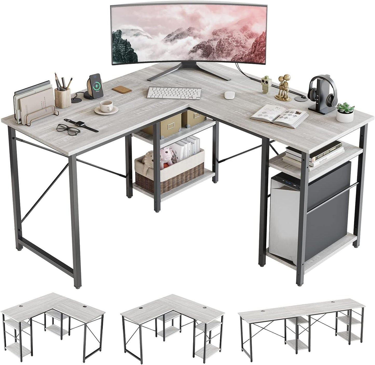 Bestier L Shaped Desk with Shelves 75 Inch Reversible Corner Computer Desk or 2 Person Long Table, Writing Study Desk for Home Office Small Space Bedroom Apartment, Wash White