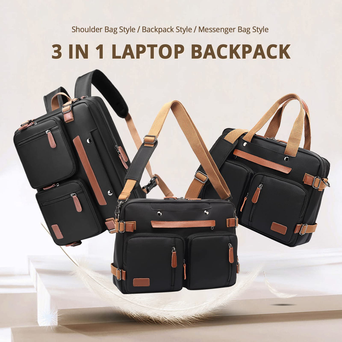 MOLNIA 15.6 inch Laptop Backpack for Men Women,3 in 1 Briefcases For Men,Messenger Bag Laotop Bag Computer Bags For Work College Travel, Black