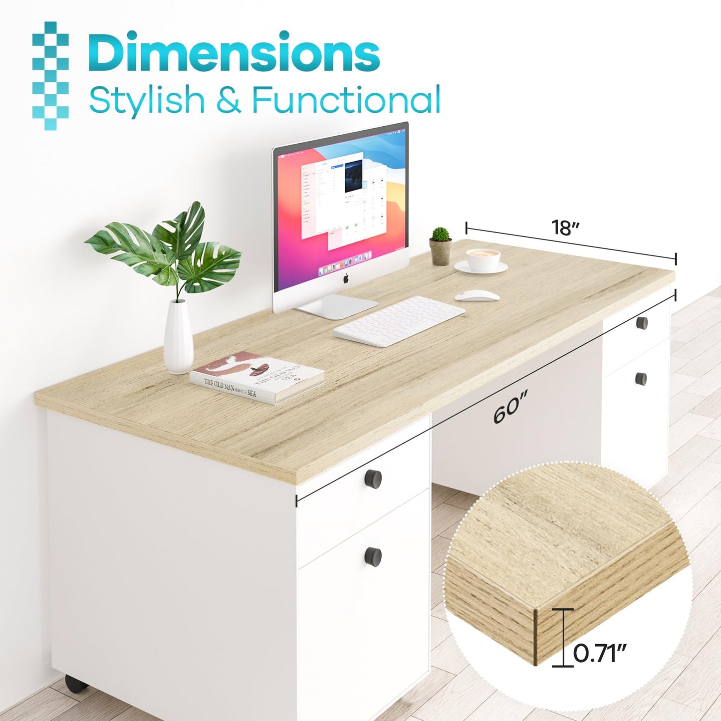 Kaboon Universal Tabletop 60"x18", Solid One-Piece Melamine Table Top, Double Desk L-Desk DIY, Home and Office Countertop, Oak/Grey Tone