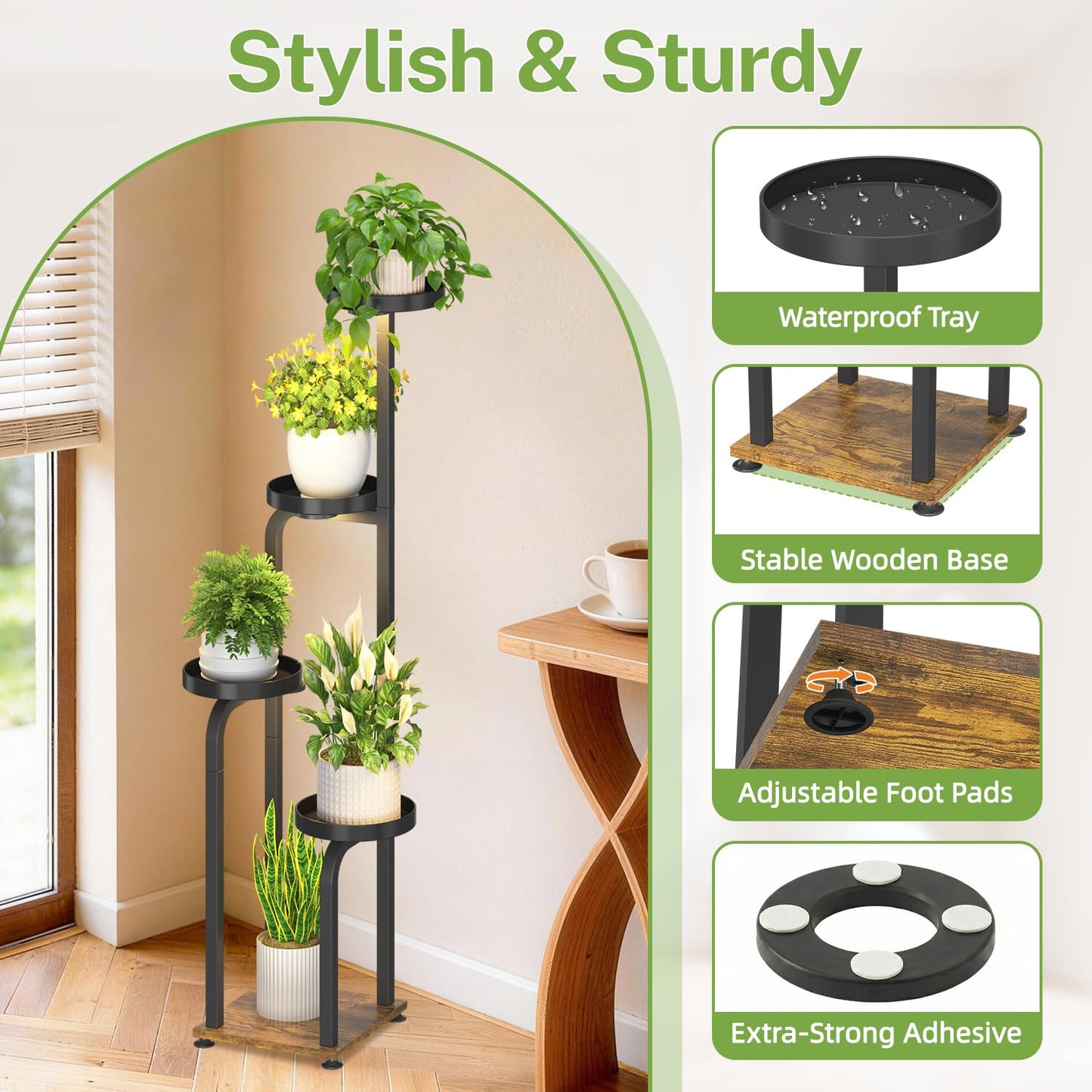 iDavosic.ly Tall Plant Stand Indoor with Grow Light, 4 Tier Corner Multiple Flower Holder Shelf with Metal Trays, Space Saving Display Rack for Living Room Balcony Patio Porch | Black & Brown