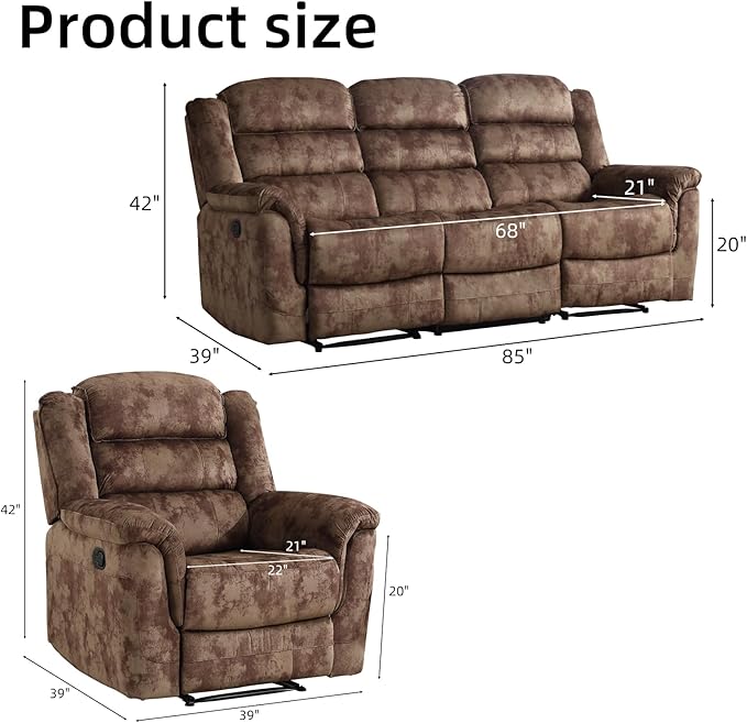 EBELLO 2 Pieces Reclining Couch Furniture Set, Soft Fabric Manual Recliner Sofa