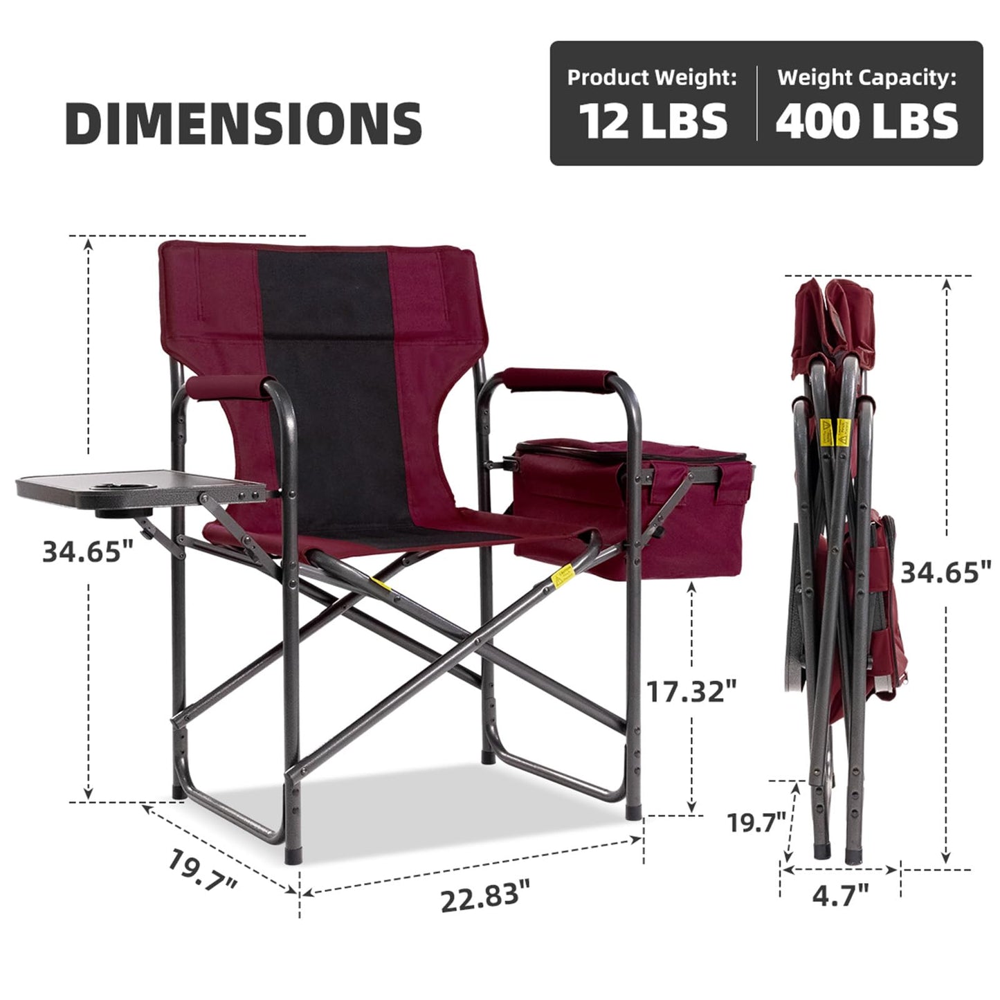 Foristrail Director Camping Chair with Cooler Bag & Foldable Side Tray - 400lbs Heavy Duty Outdoor Folding Lawn Chair, Portable Camp Chair for Backyard, Fishing, Beach (Wine Red)