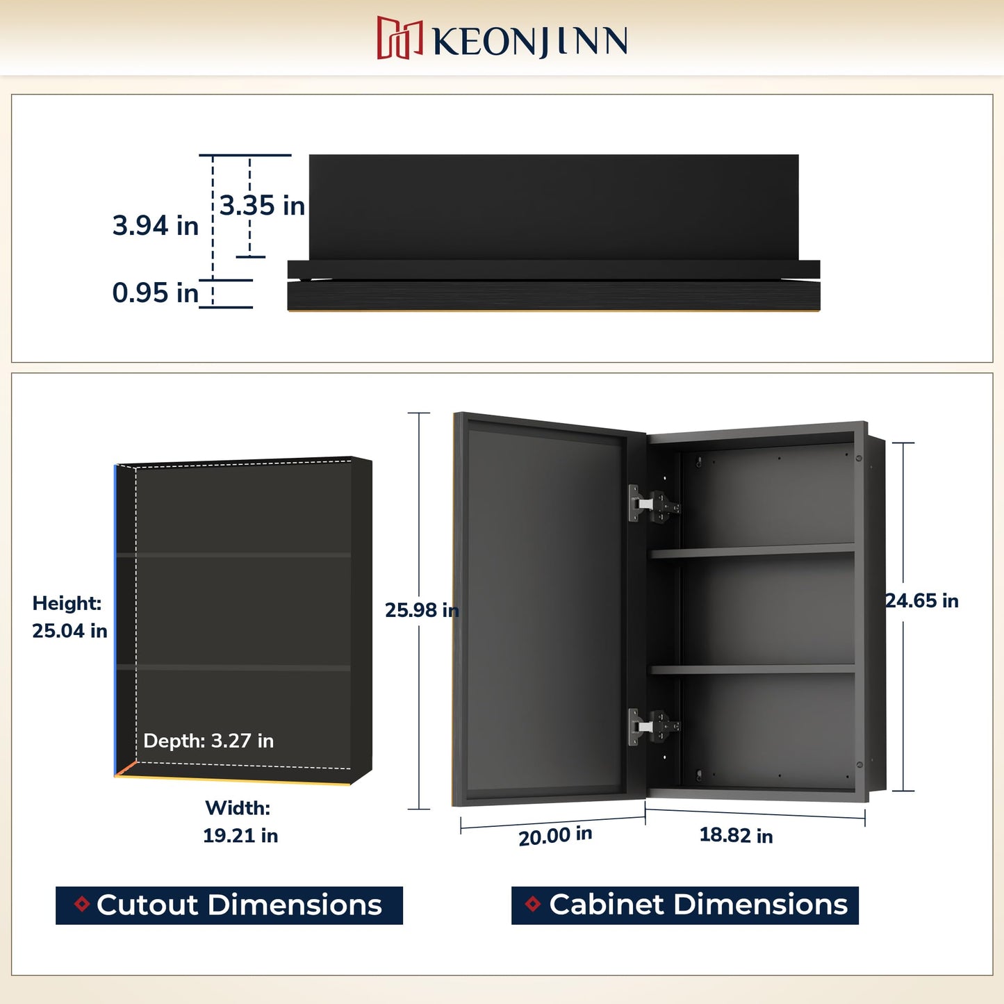 Keonjinn 20" x 26" Medicine Cabinets with Mirror for Bathroom, Oil Rubbed Bronze Bathroom Mirror with Storage, Fully Assembled, Recessed or Wall-Mounted Aluminum Alloy Framed Beveled Mirror