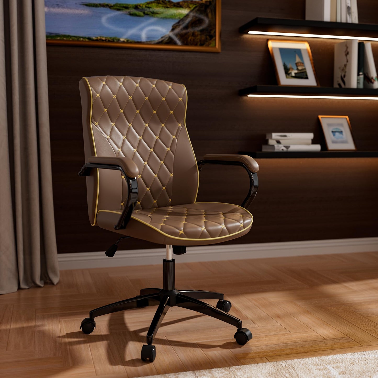 HomeZeer Brown Office Chair with Soft Leather Embroidery, Mid Back Vintage Swivel Executive Desk Chair with Wheels and Padded Arms, Adjustable Height