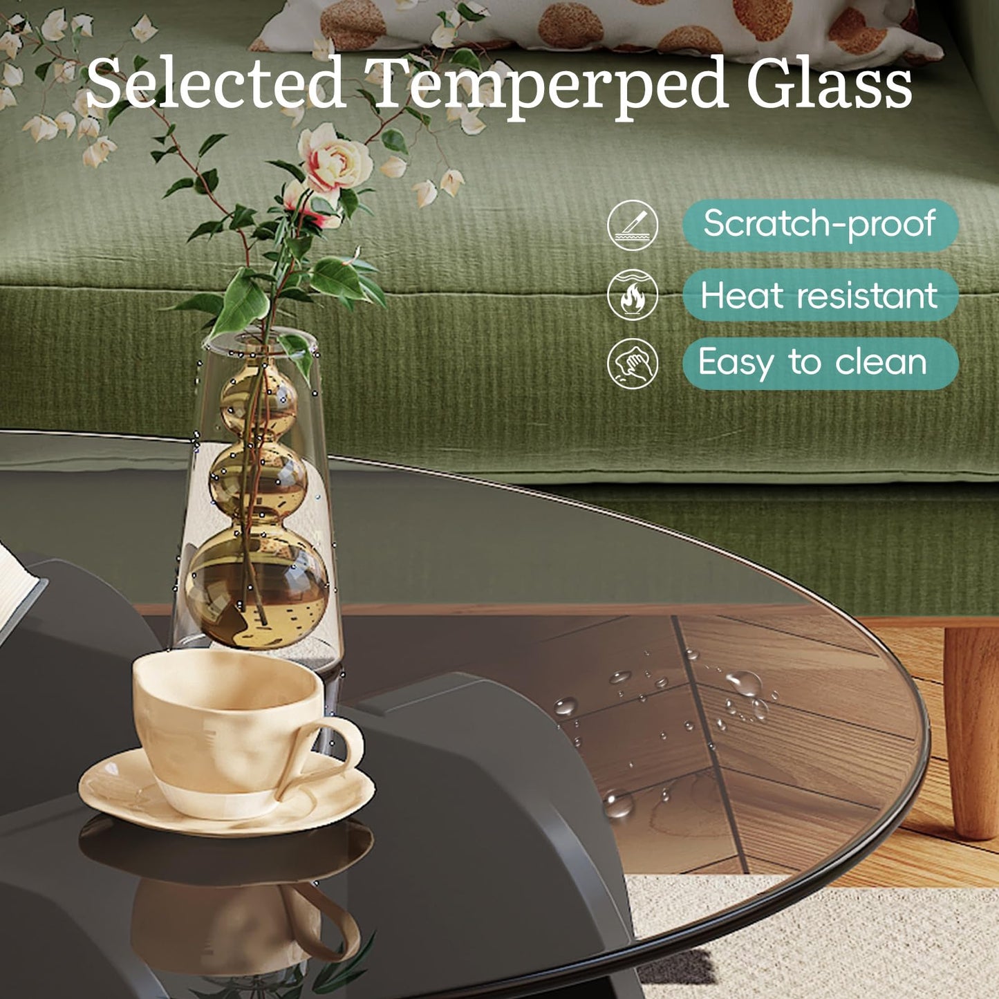 JCAJCA Coffee Table for Living Room Mid Century Modern Round Center Table with Glass Top, Black