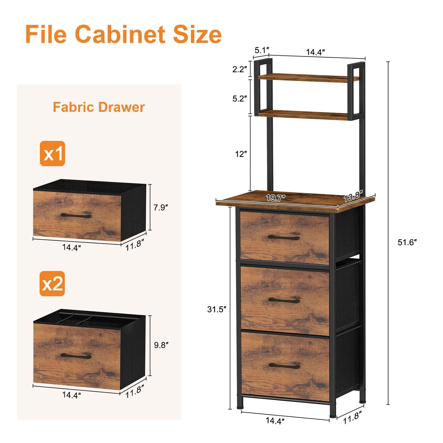 Snughome 3 Drawer Tall File Cabinet with 19.7'' Extended Desktop, 3-Tier Filing Cabinet for Home Office 51.6''H Vertical File Cabinet Printer Stand with Drawers, Fits A4/Letter/Legal,Rustic Brown