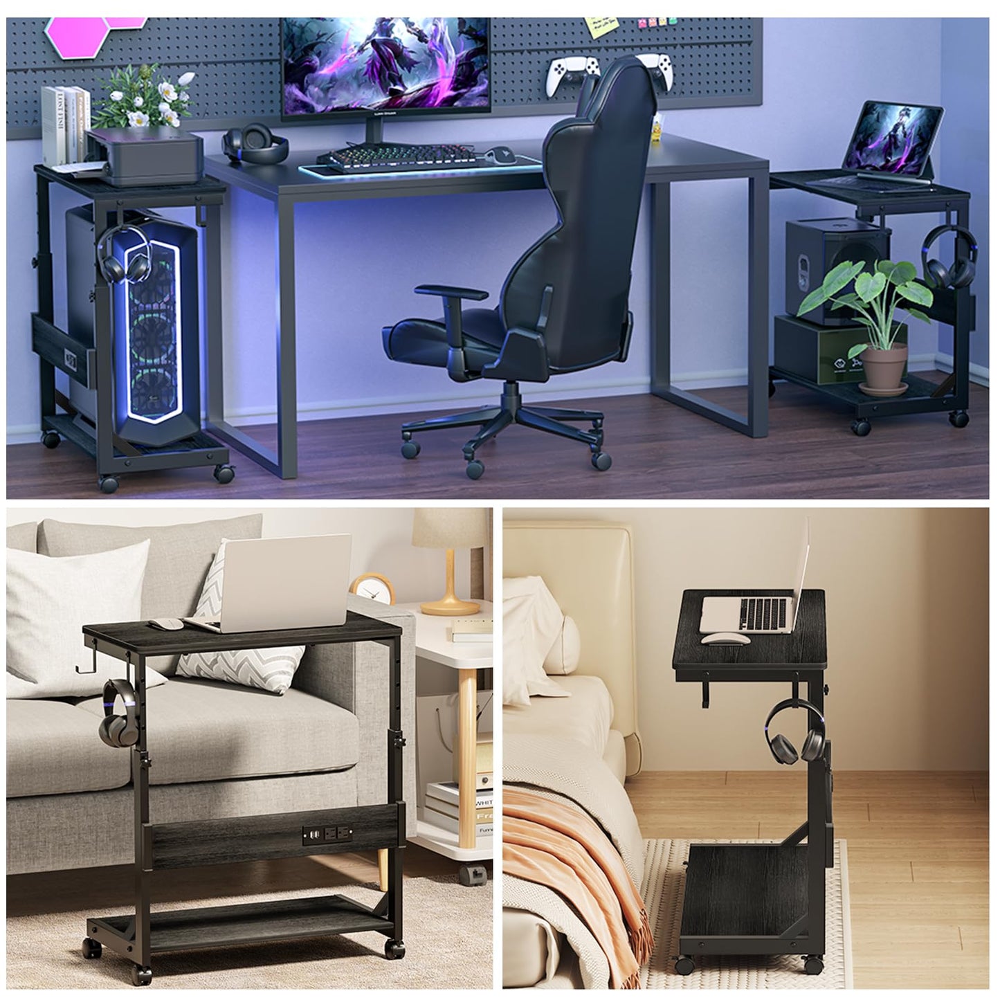 Height Adjustable Computer Tower Stand with Charge Station and USB Charging Port, 2-Tier ATX-Case Cart, Under Desk Mobile PC Stand, CPU Holder Cart with Locking Caster Wheels for Fits Most PC